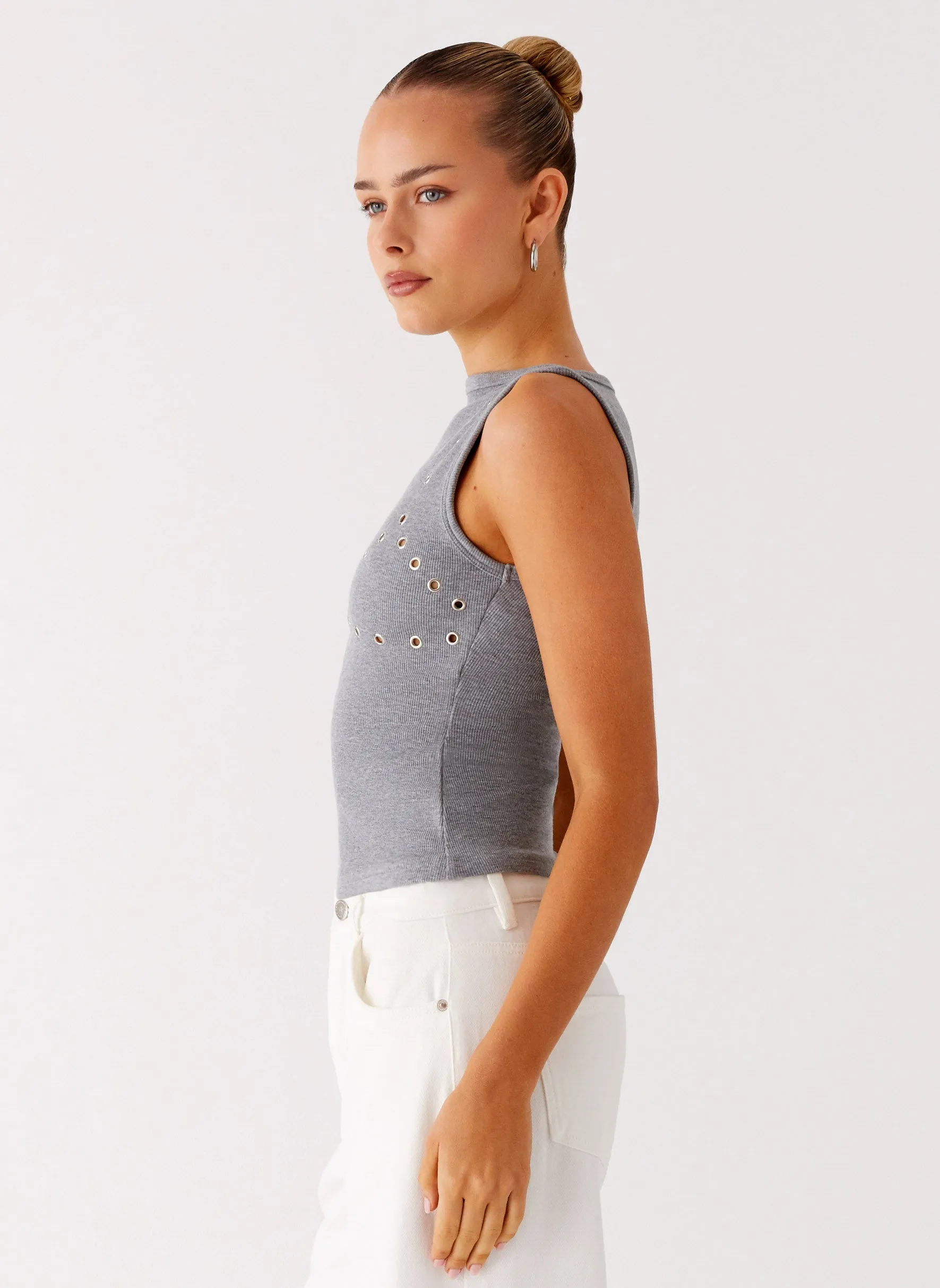 summer top Stretchable Waistband Drop Top Ribbed Eyelet Tank Top - Marle Grey