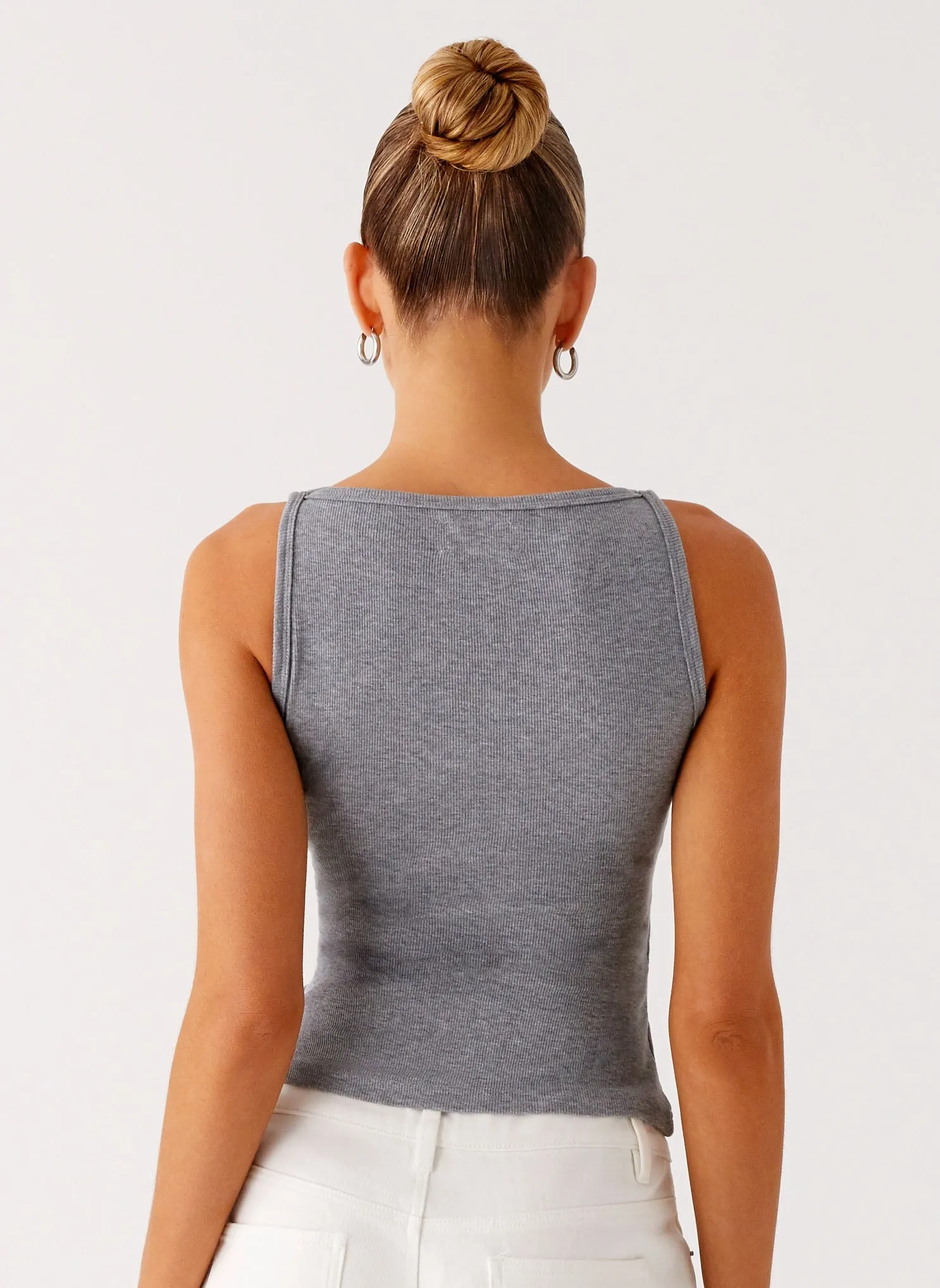 Flexible Knit Blend retro look Drop Top Ribbed Eyelet Tank Top - Marle Grey