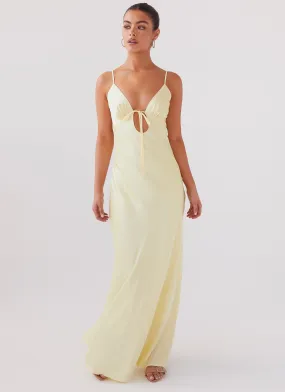 Fashionable Comfort Flattering Style Fit Flora Satin Maxi Dress - Lemon