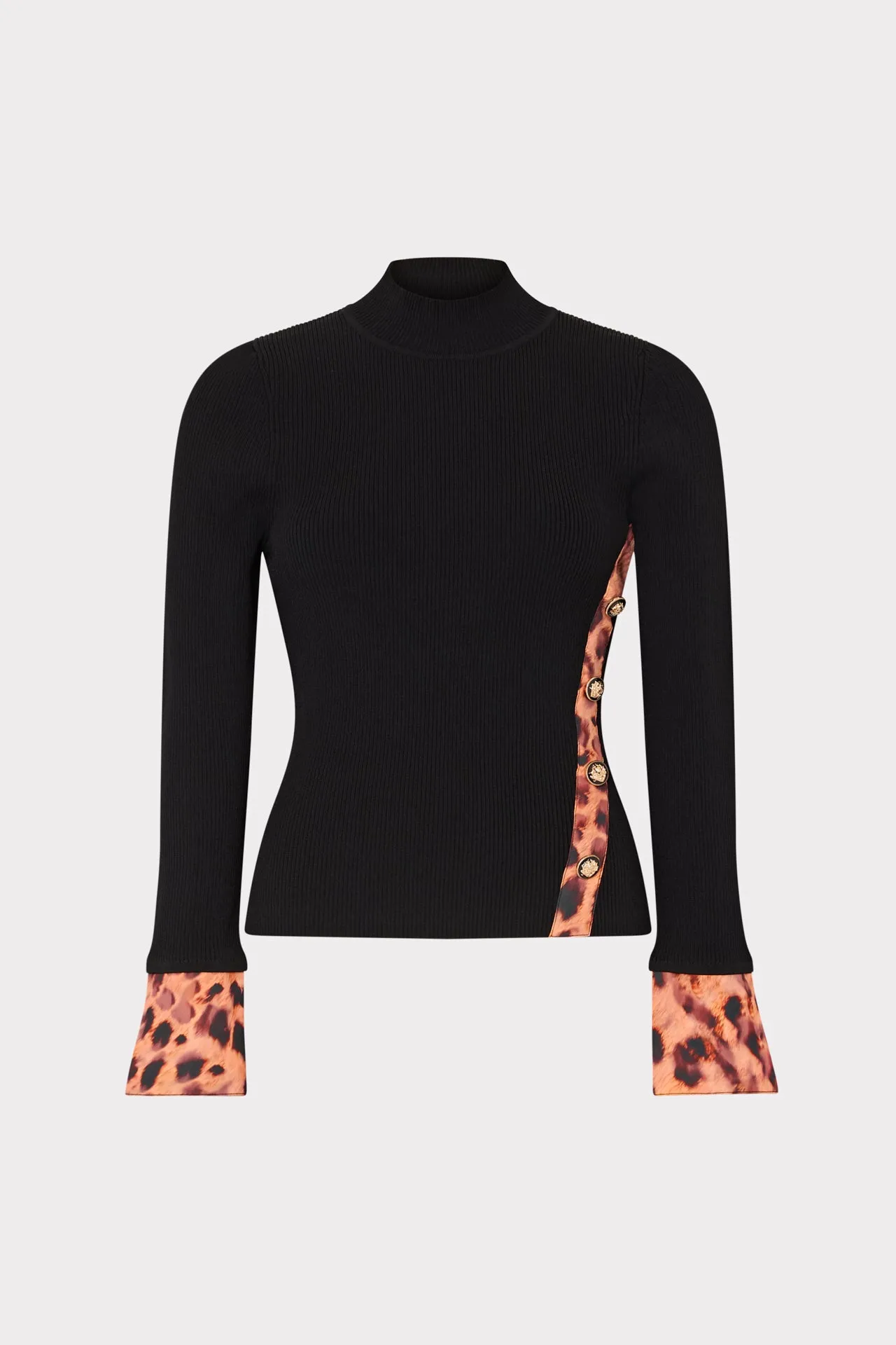 NonPill Surface Treatment SweatGuard Lining Printed Satin Cuff Knit Mock Neck Top