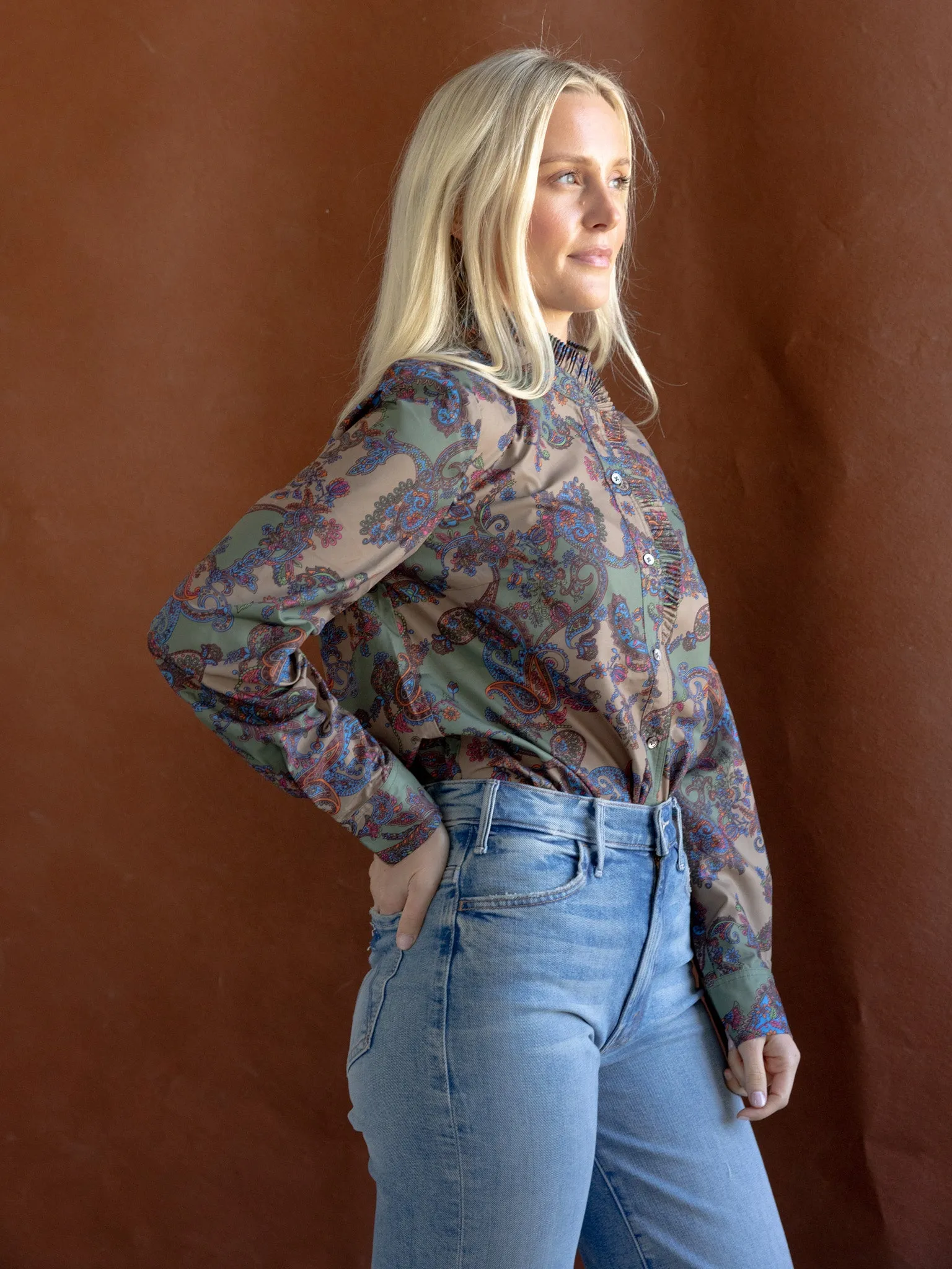 SheerLayering Odor Resistant Paisley Ruffle Blouse