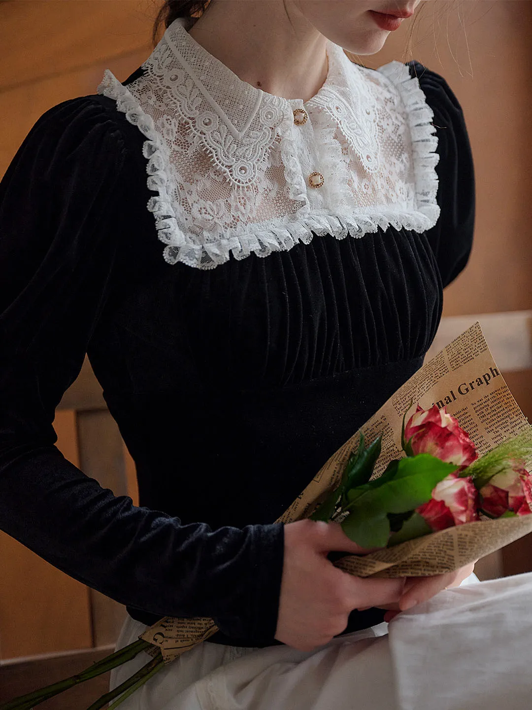 AirflowVents Magnolia Doll Collar Lace Paneled Puff Sleeve Velvet Blouse