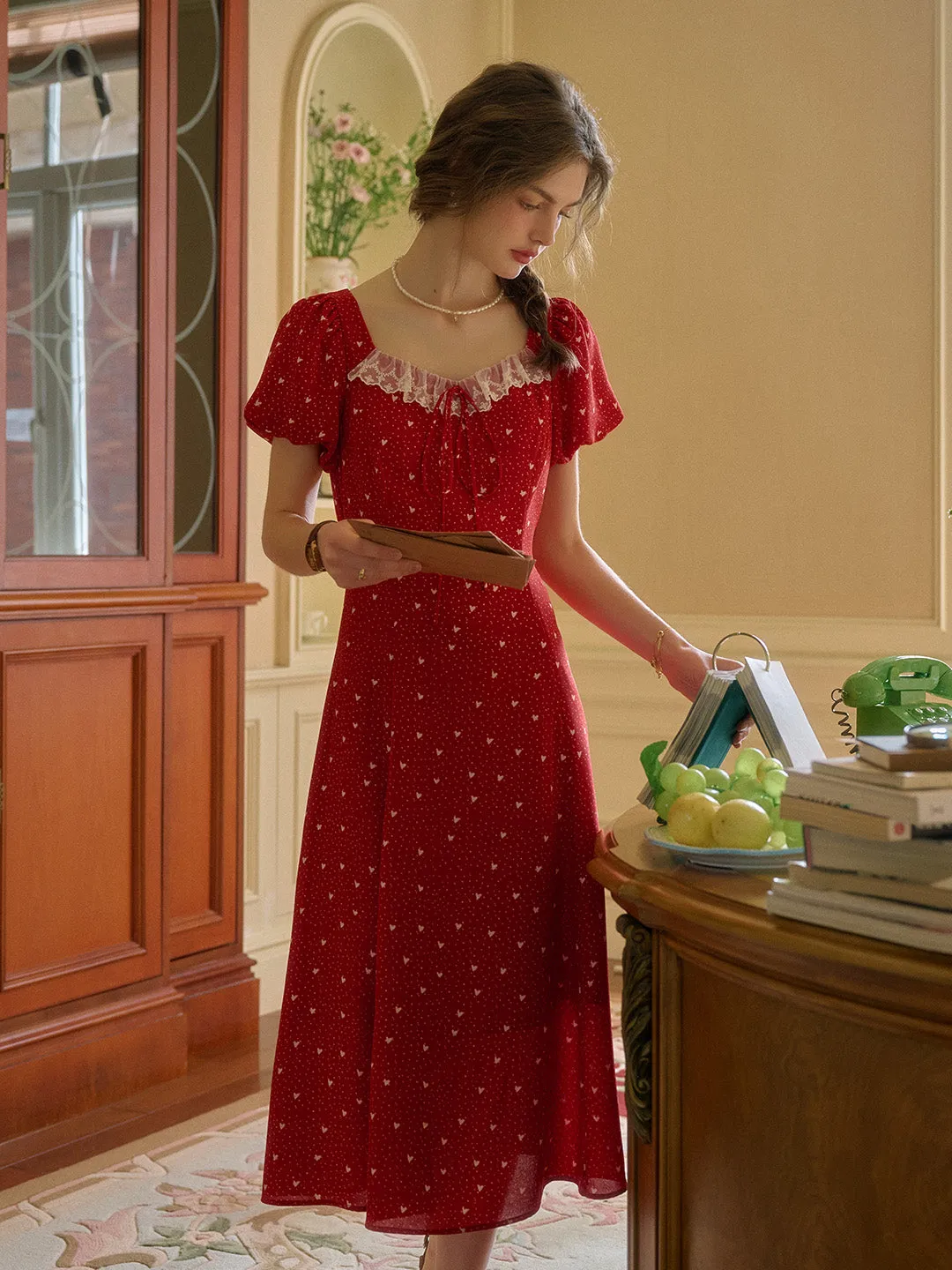 Loose Fit Emma Square Neck Lace Puff Sleeves Dress