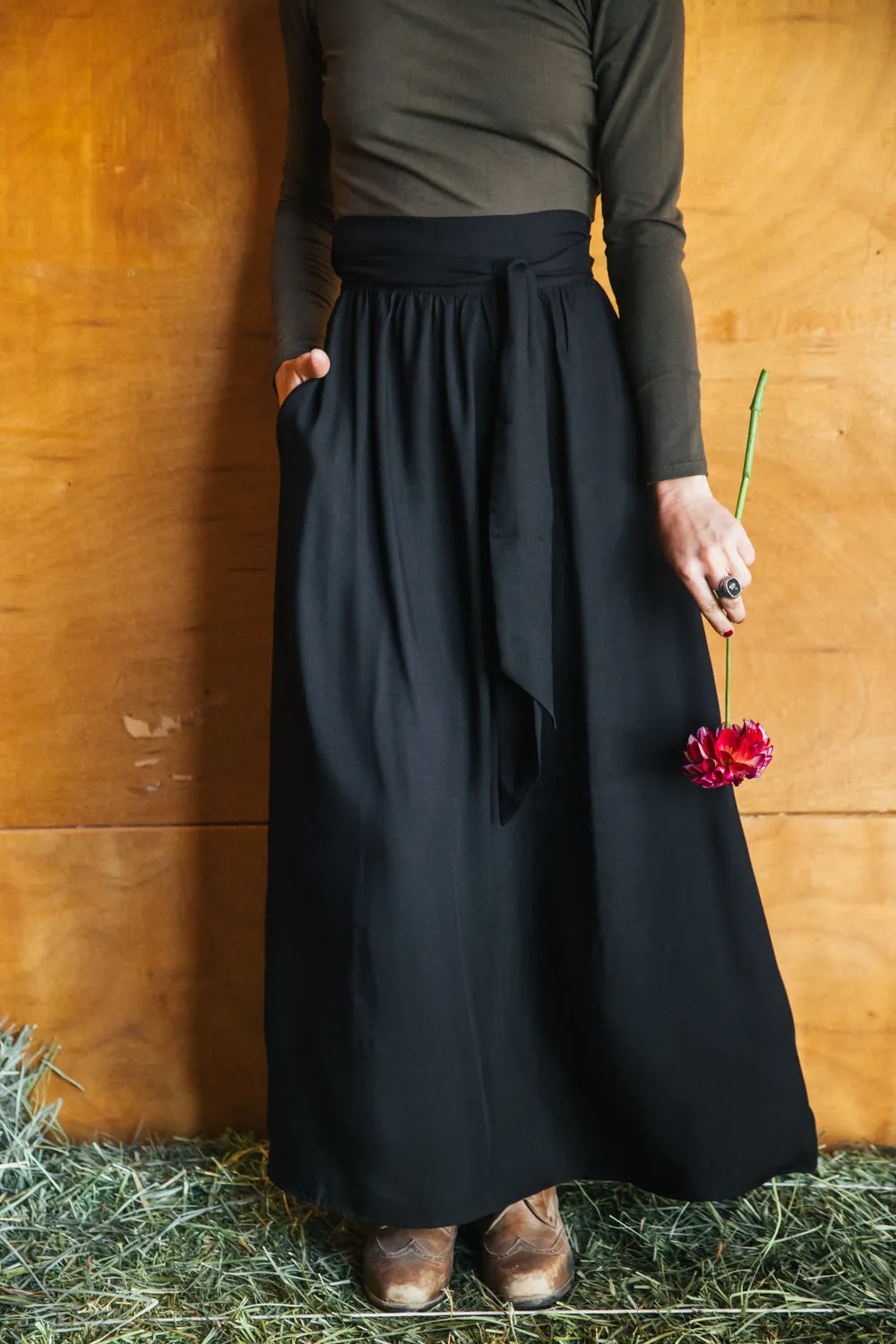 Maxi Wrap Skirt in Black Challis Tear Resistant Reinforcement Glow In The Dark Accent Trim