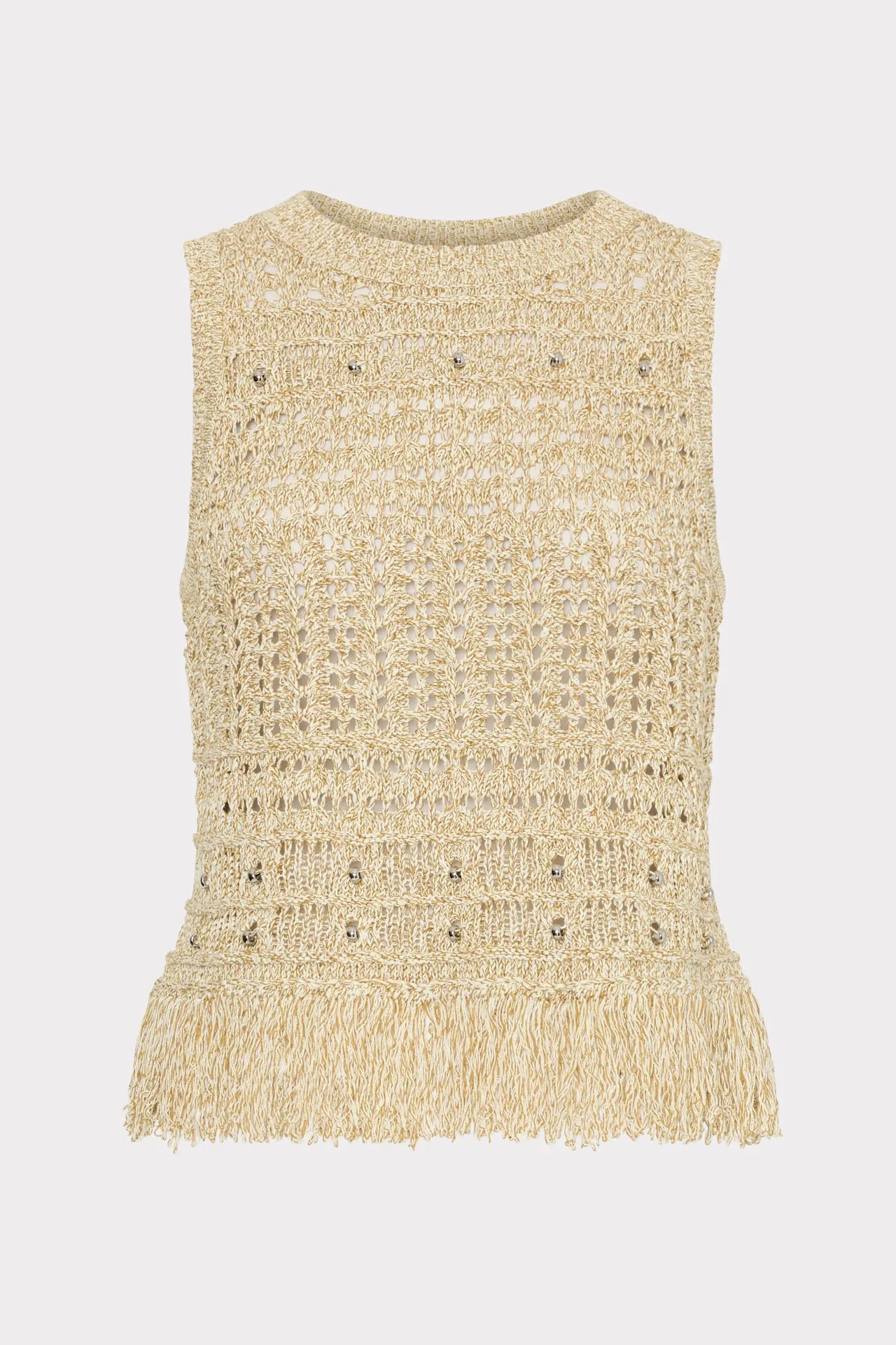 Beaded Fringe Knit Top VentilatedMesh SlimFit