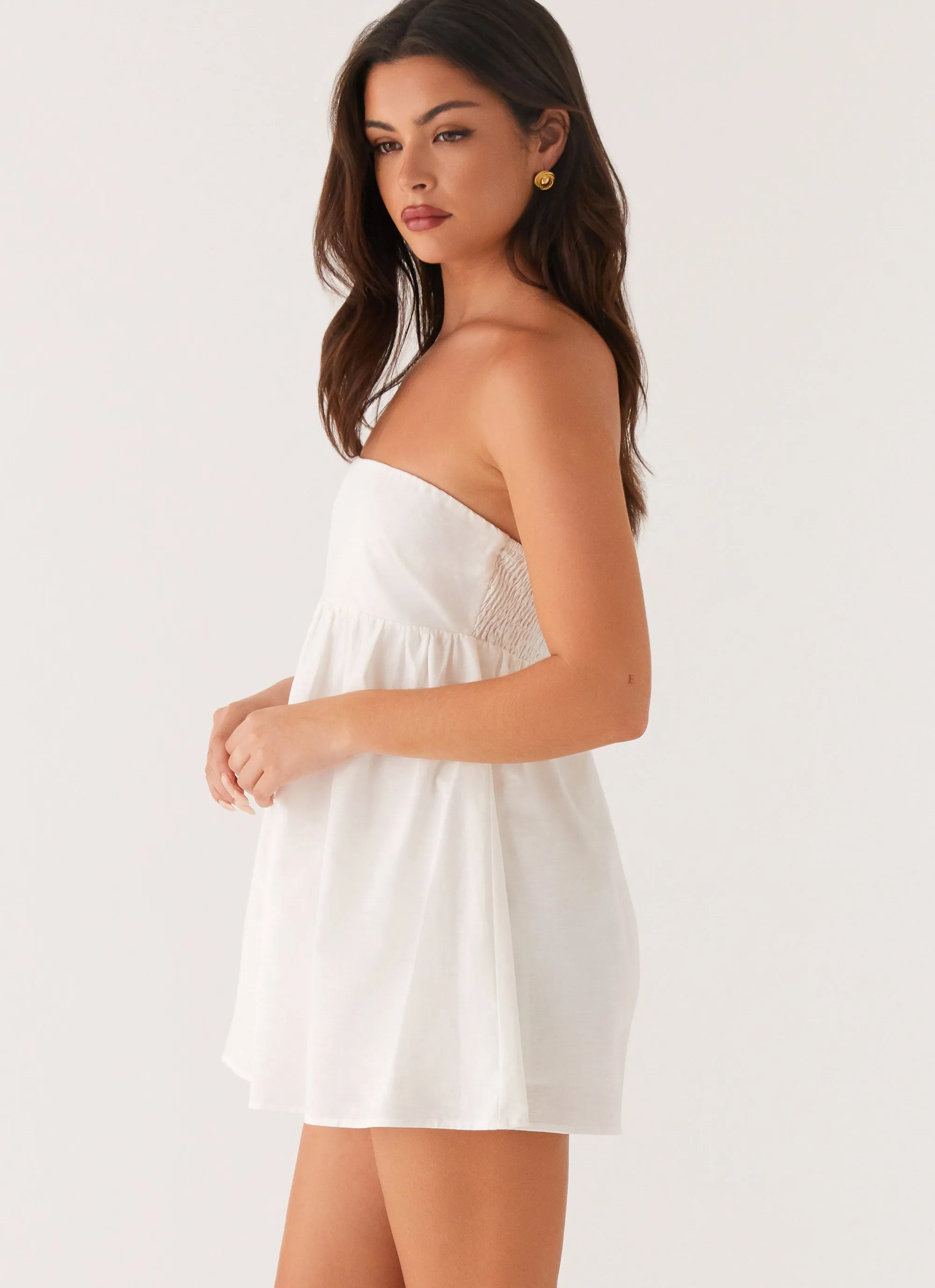 Dylan Babydoll Mini Dress - White Adjustable Waist