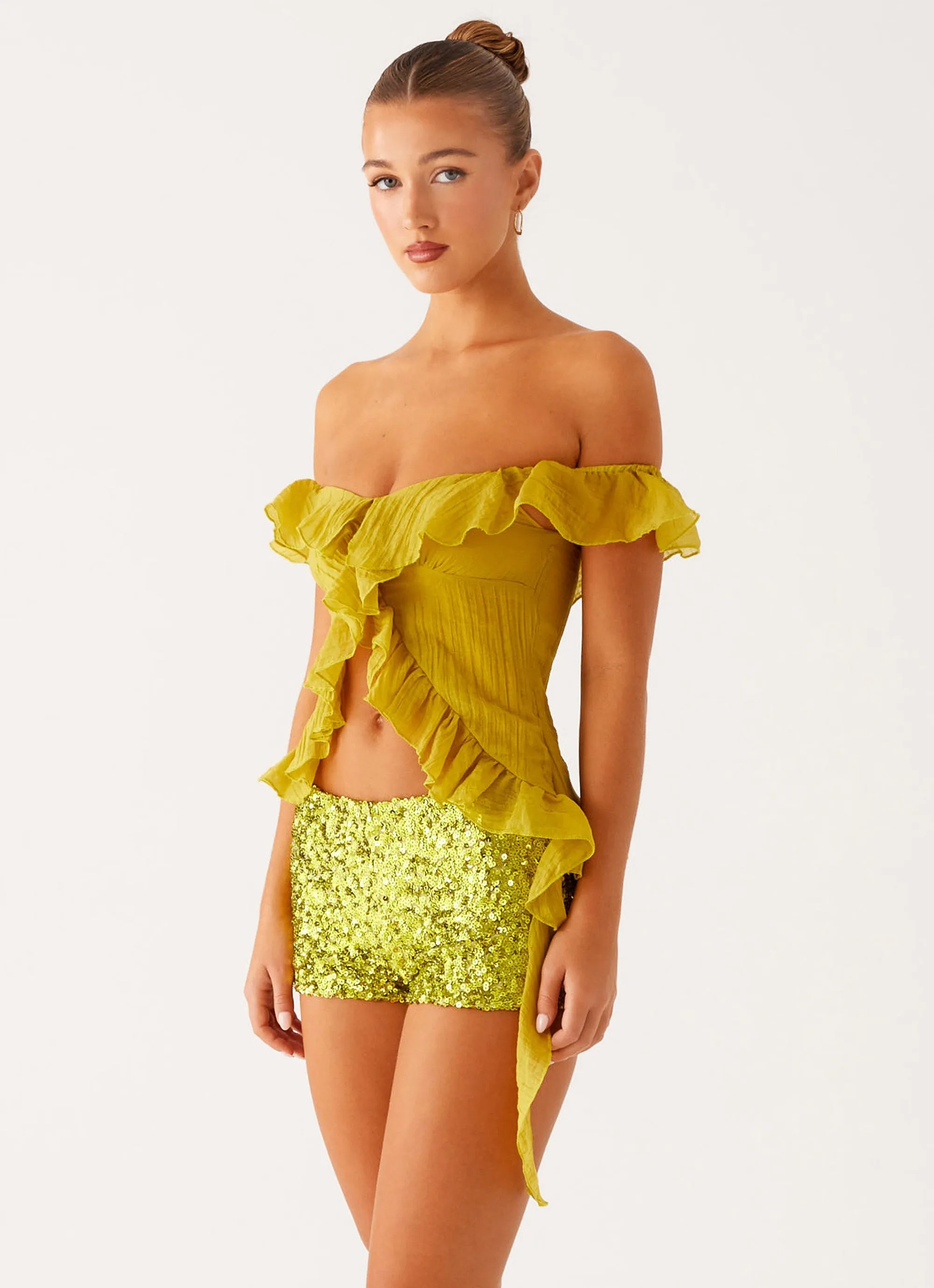 Dylan Off Shoulder Top - Lime VersatileLayering Fray Resistant Edges