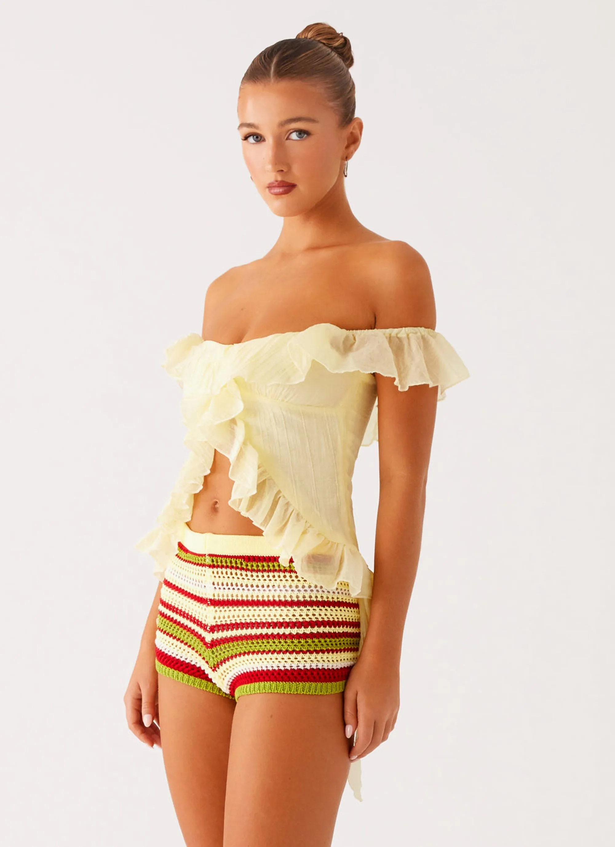 Flexible Ribbed Cuffs Layered Collar System Dylan Off Shoulder Top - Yellow