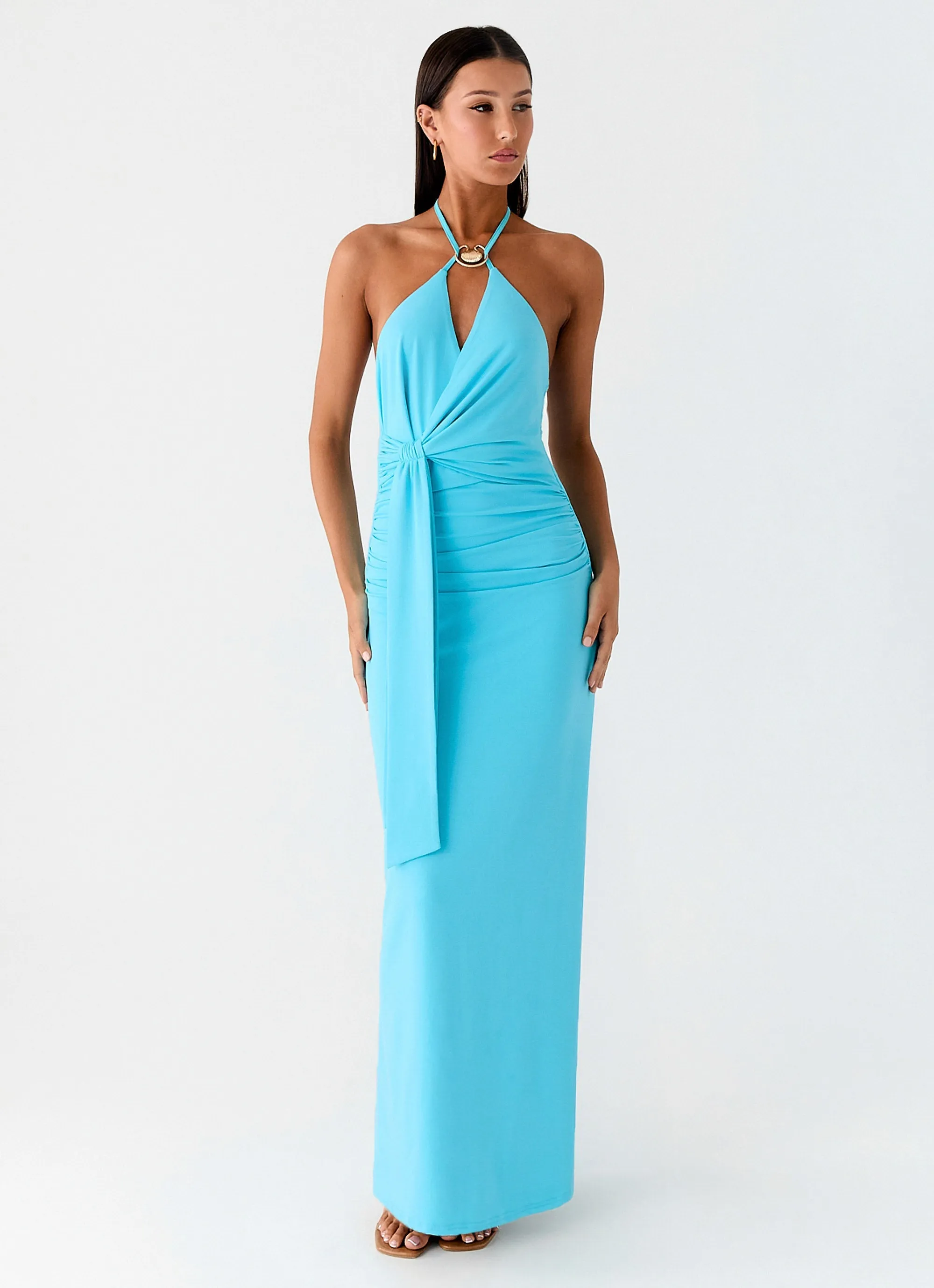 Smart Layering Silky Layer Dare Me Halter Maxi Dress - Aqua Blue