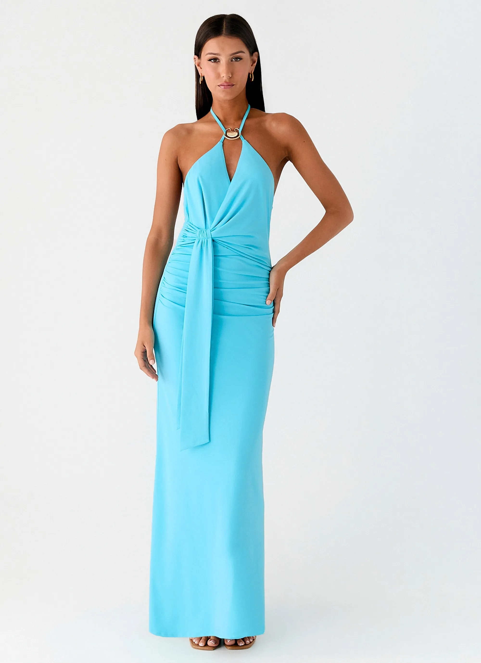 Dare Me Halter Maxi Dress - Aqua Blue High-waisted evening piece