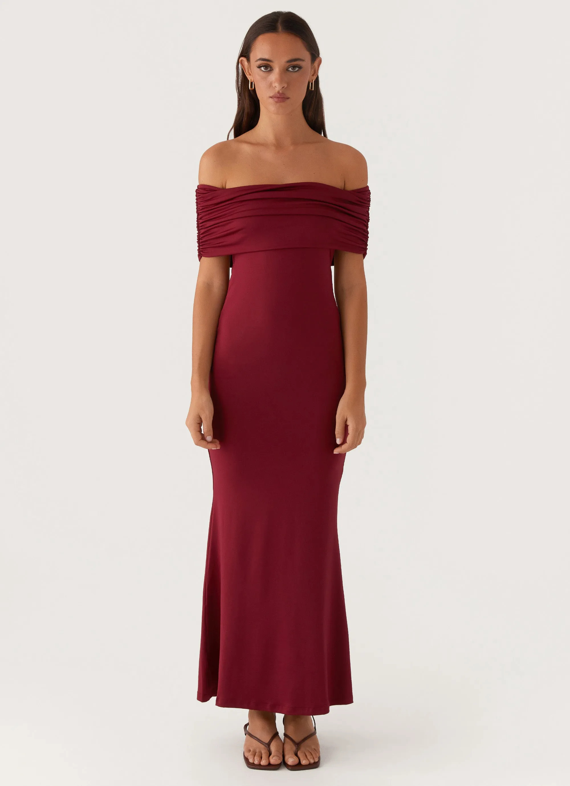 Maude Maxi Dress - Maroon Sleek Appearance Rhinestone-Detail
