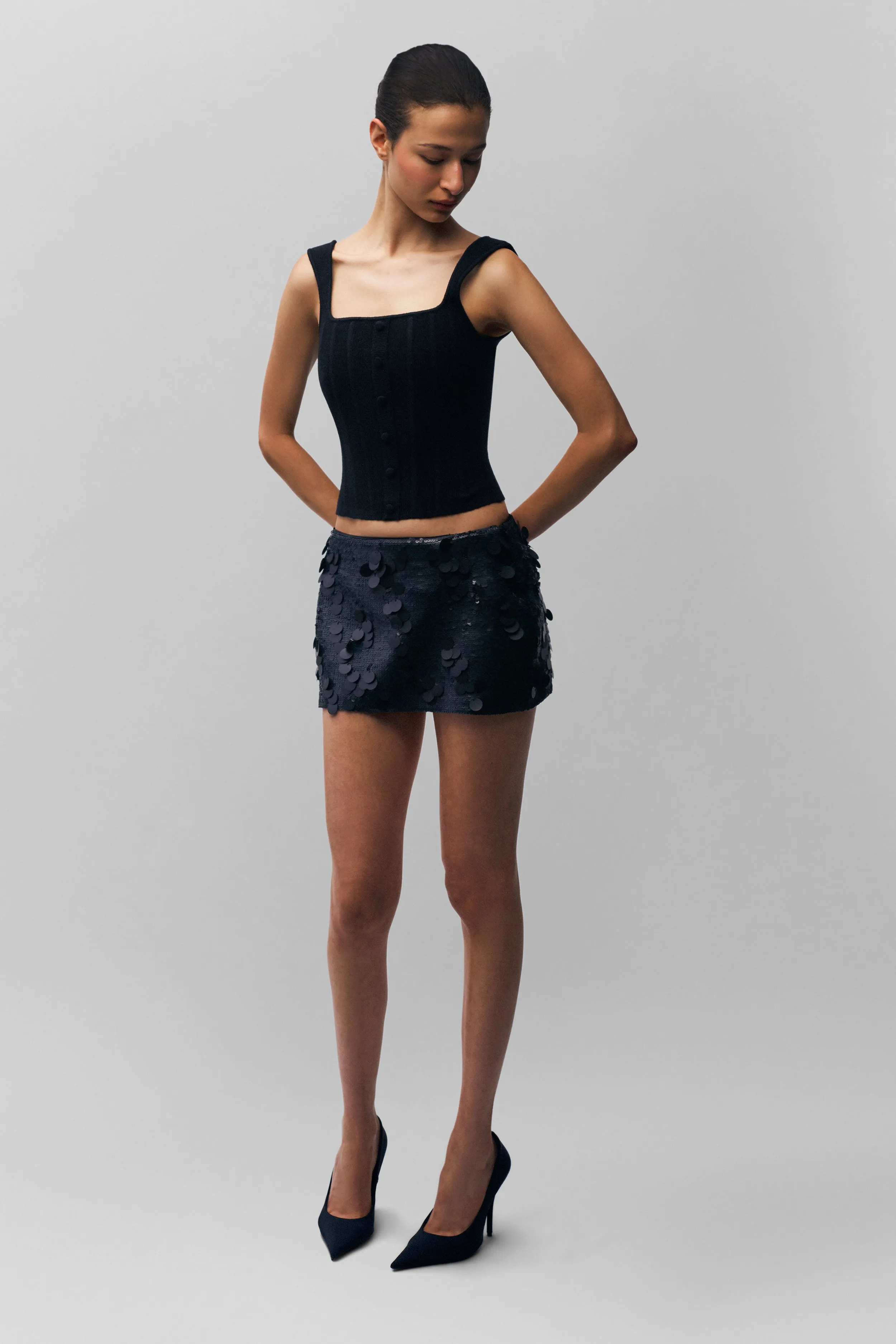 Low Rise Paillette Skirt High Density Weave Statement Color