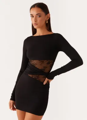 Soft Lines Twist Front Echo Long Sleeve Mini Dress - Black