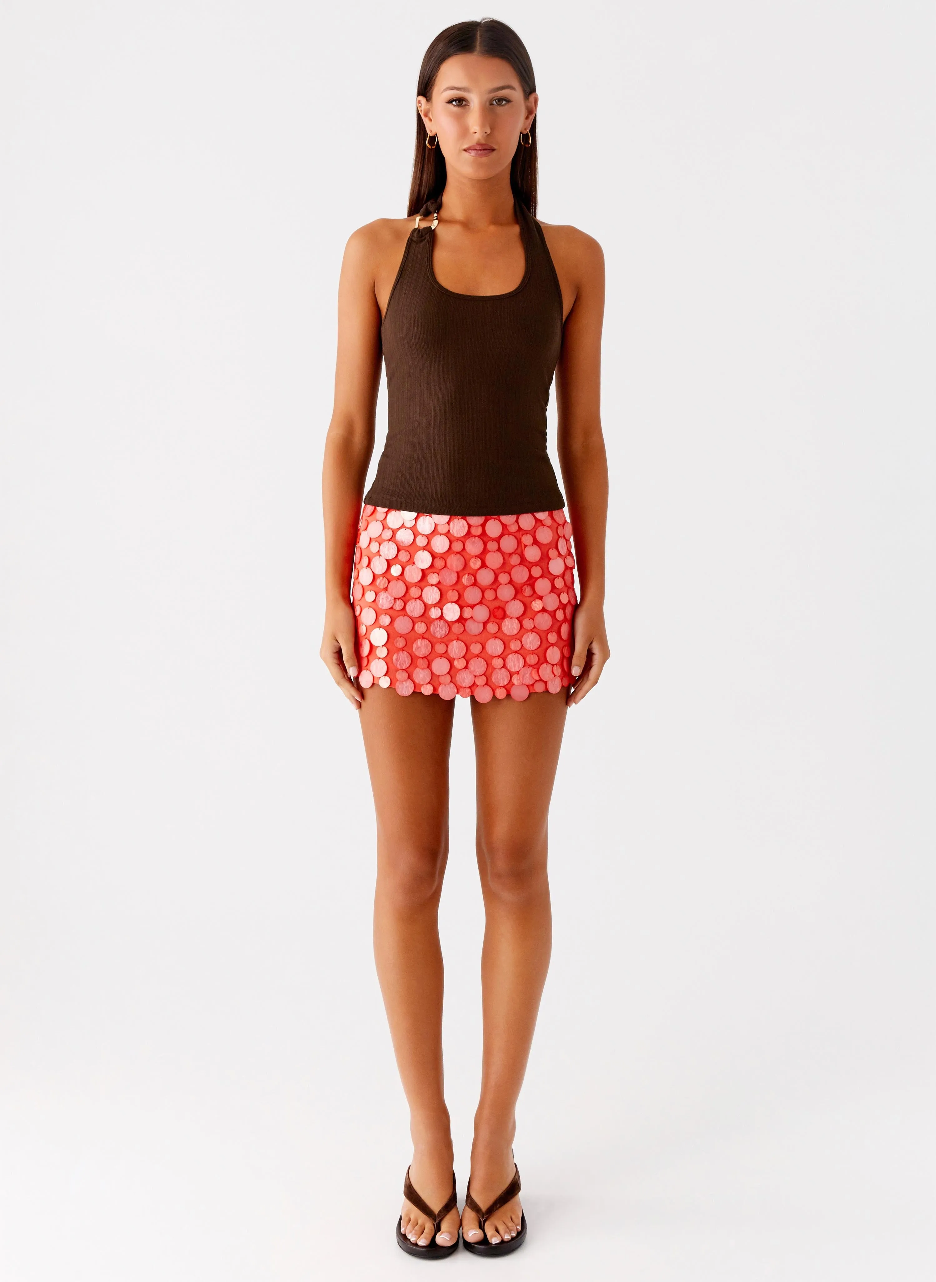 Movie Star Mini Skirt - Mandarin Red Cropped hem Modern Waist