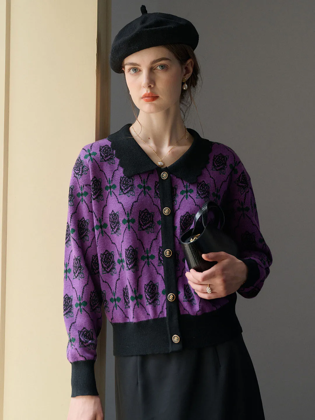Hannah Floral Pattern Contrast Trim Cardigan-Purple Multi Directional Zipper Placement Soft Texture