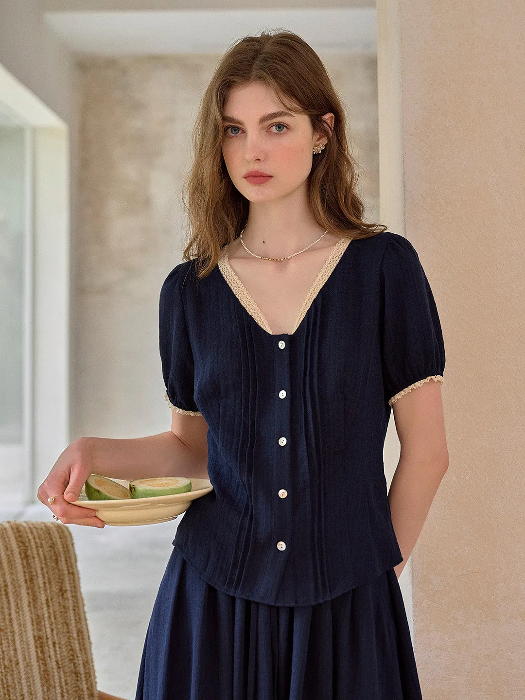 Madelyn V-Neck Lace Linen Top Reflective accents