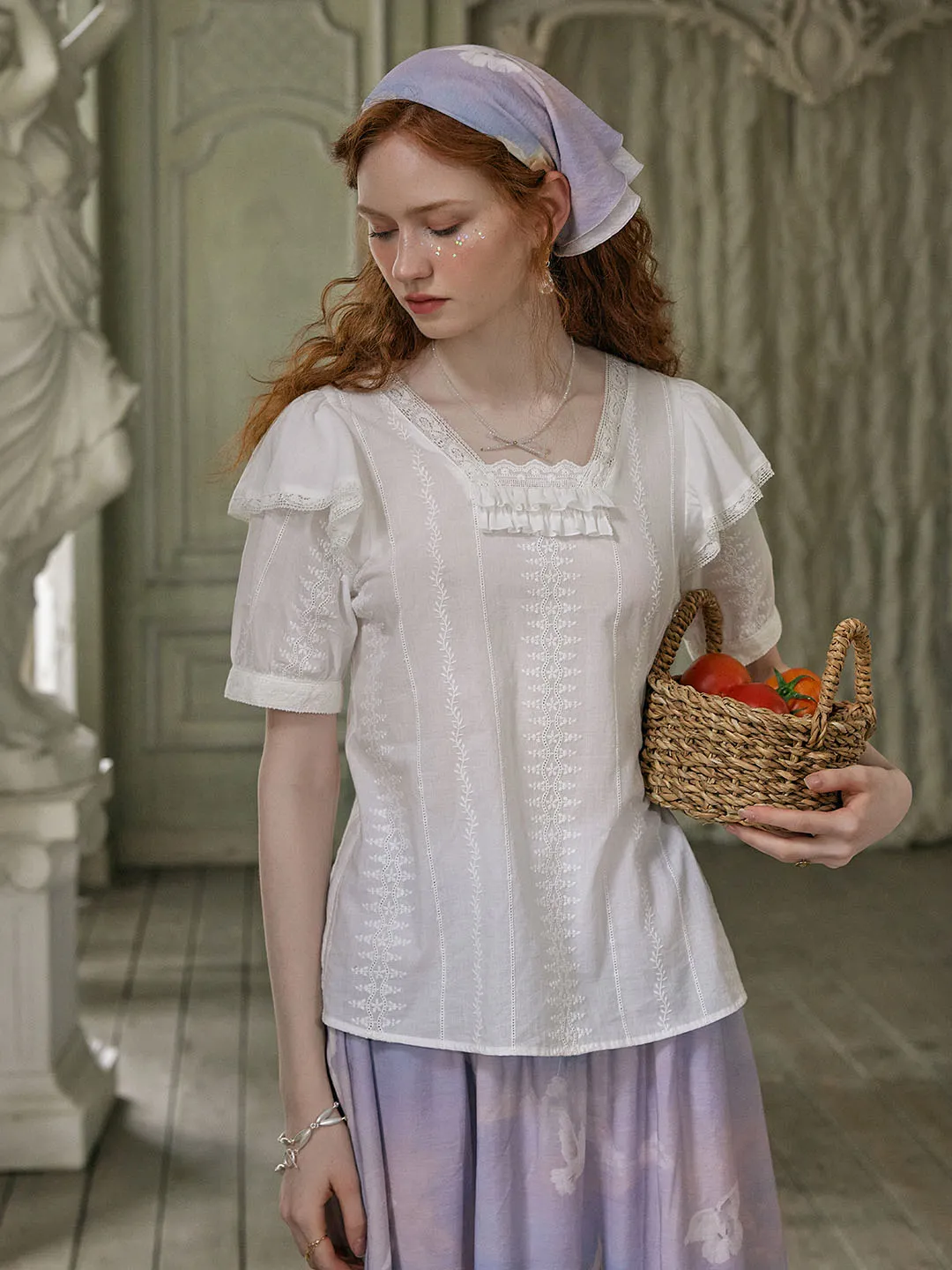 Reign Small Square Collar Lace Embroidered Puff Sleeve Cotton Blouse ThermalInsulation SnagFreeKnit