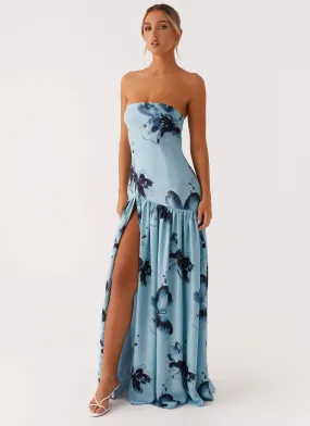 Eden Strapless Maxi Dress - Blue Black Floral Neutral Aesthetic Street Casual
