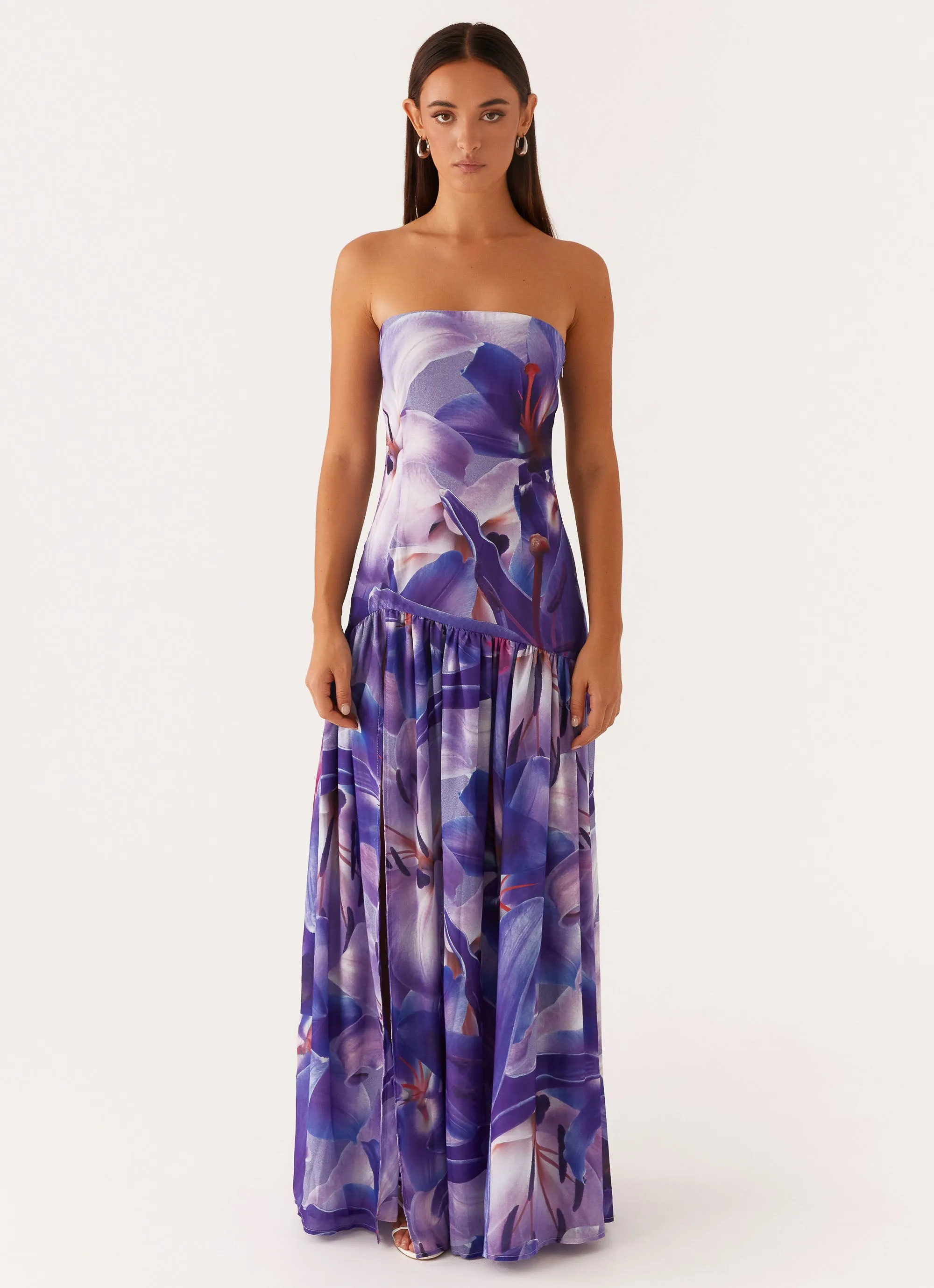 Eden Strapless Maxi Dress - Purple White Lilly Art-Gallery Floating Shape