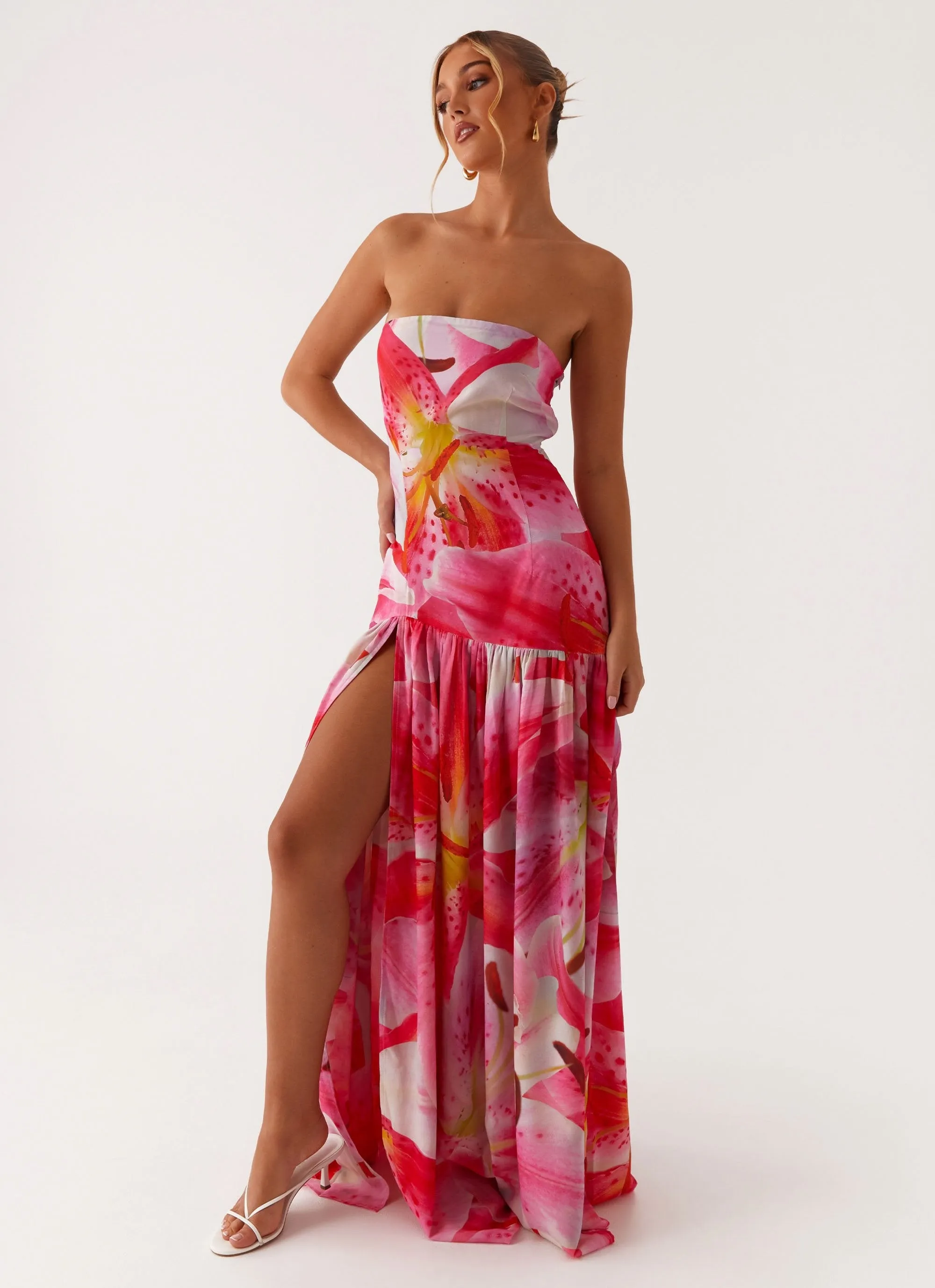 Solid-color Flattering Fit Eden Strapless Maxi Dress - White Pink Lilly
