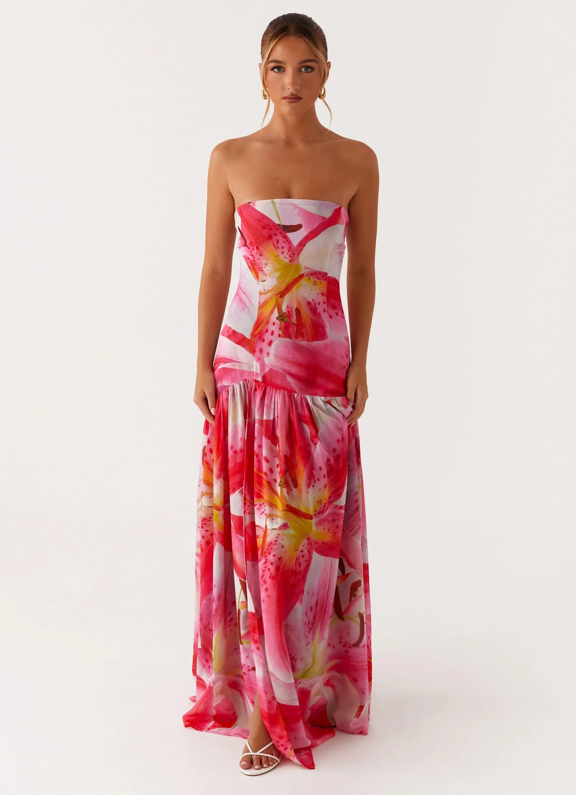 Fashion-Forward Eden Strapless Maxi Dress - White Pink Lilly