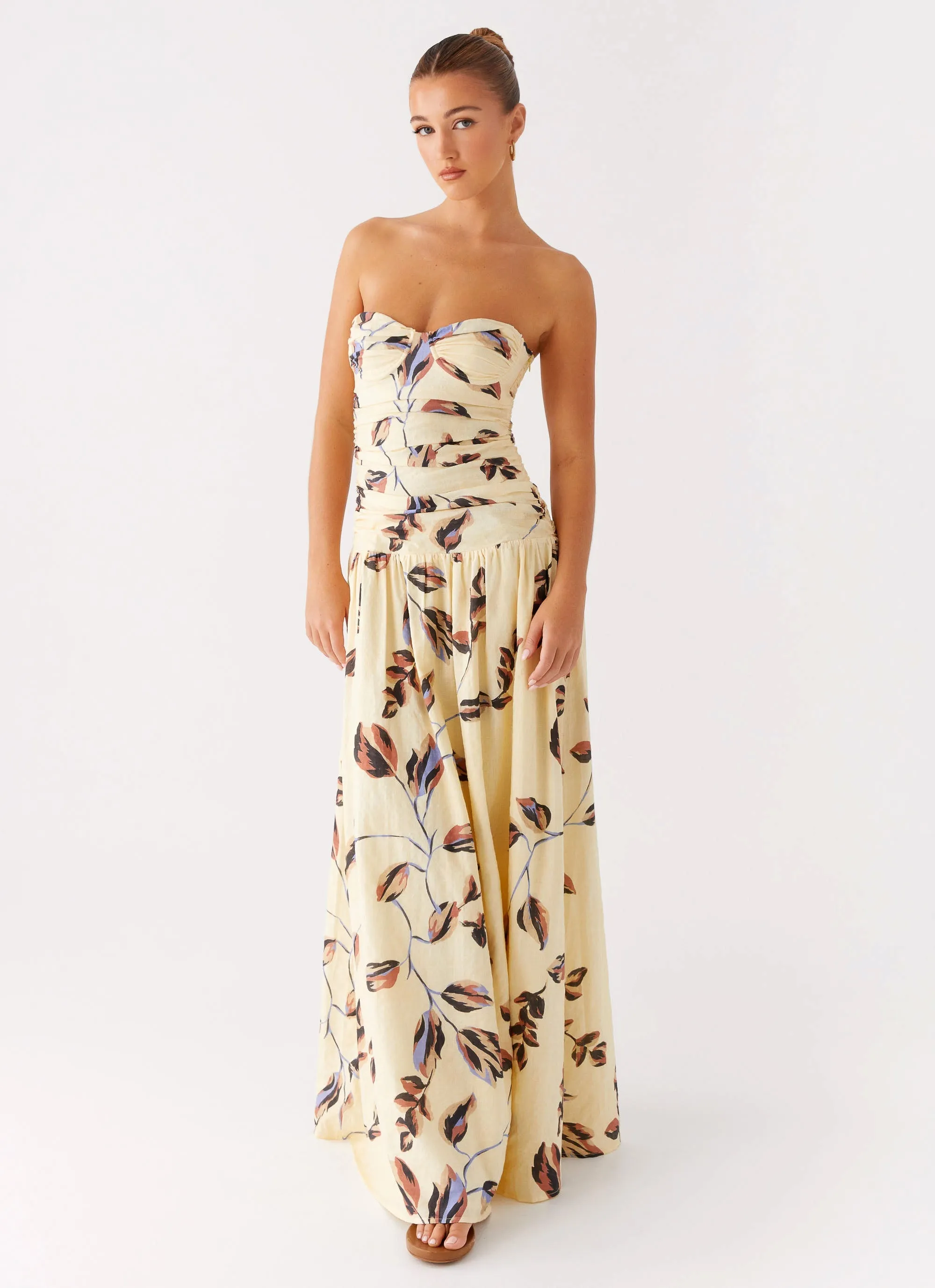 Dressy Yet Comfortable Edge Detail Rhea Ruched Maxi Dress - Buttercream Bliss