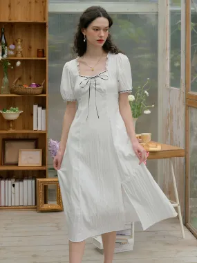 Dreamy Texture Must-have Edith Square Neck Contrast Bow Puff Sleeves Slit Hem Dress