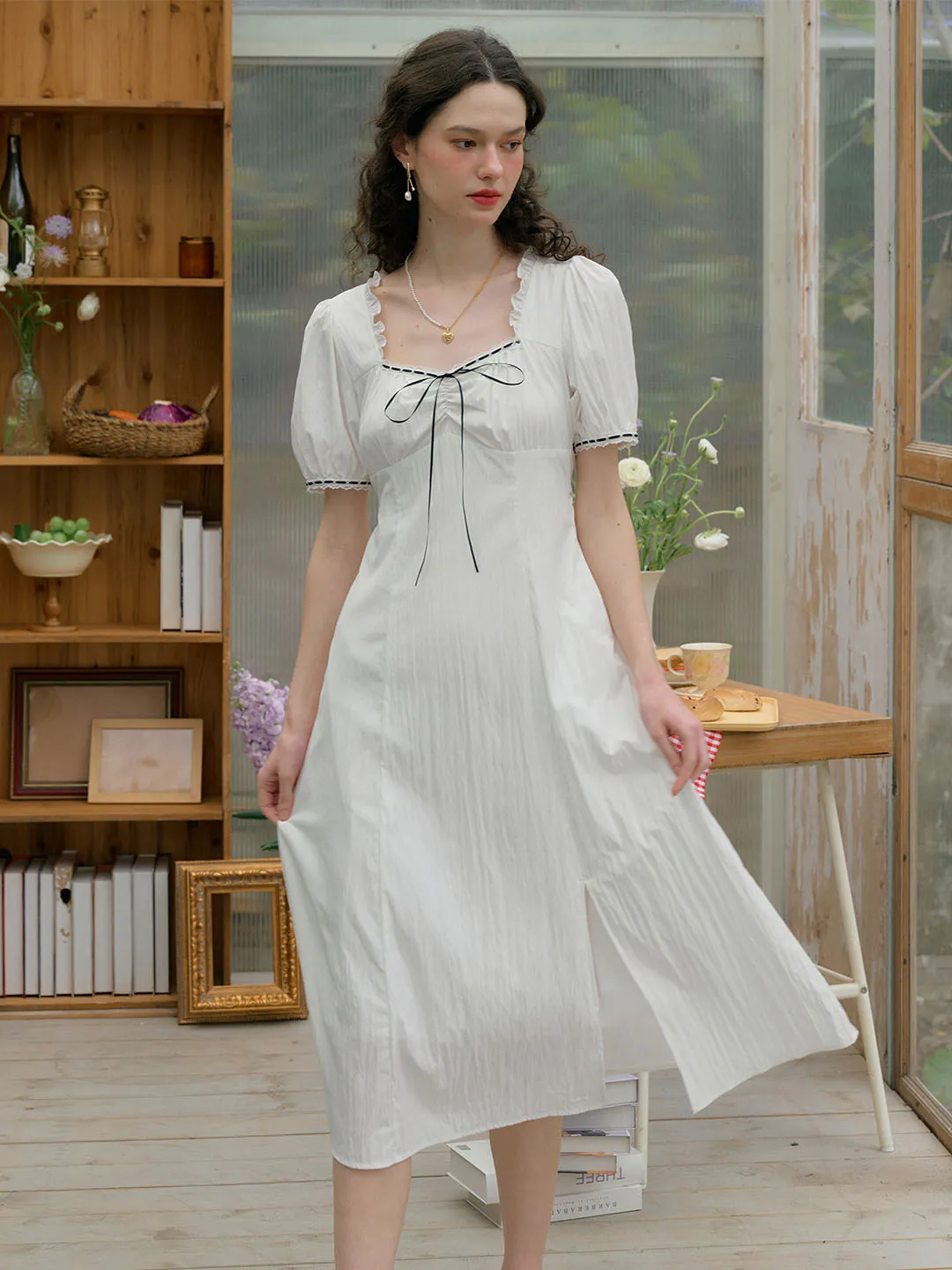 Dreamy Texture Must-have Edith Square Neck Contrast Bow Puff Sleeves Slit Hem Dress