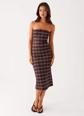 Niko Strapless Midi Dress - Brown Black Check Chic and Cozy
