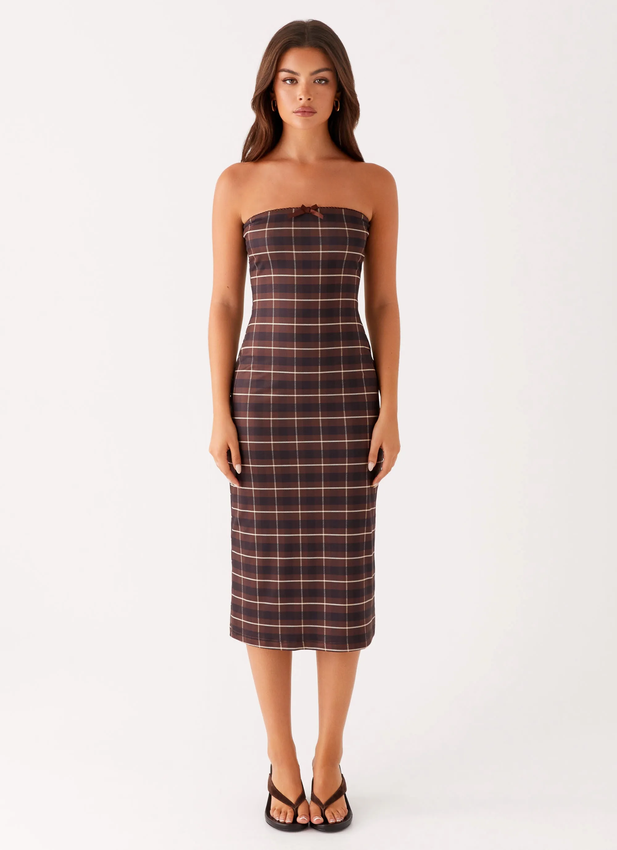 Niko Strapless Midi Dress - Brown Black Check Square-Neck