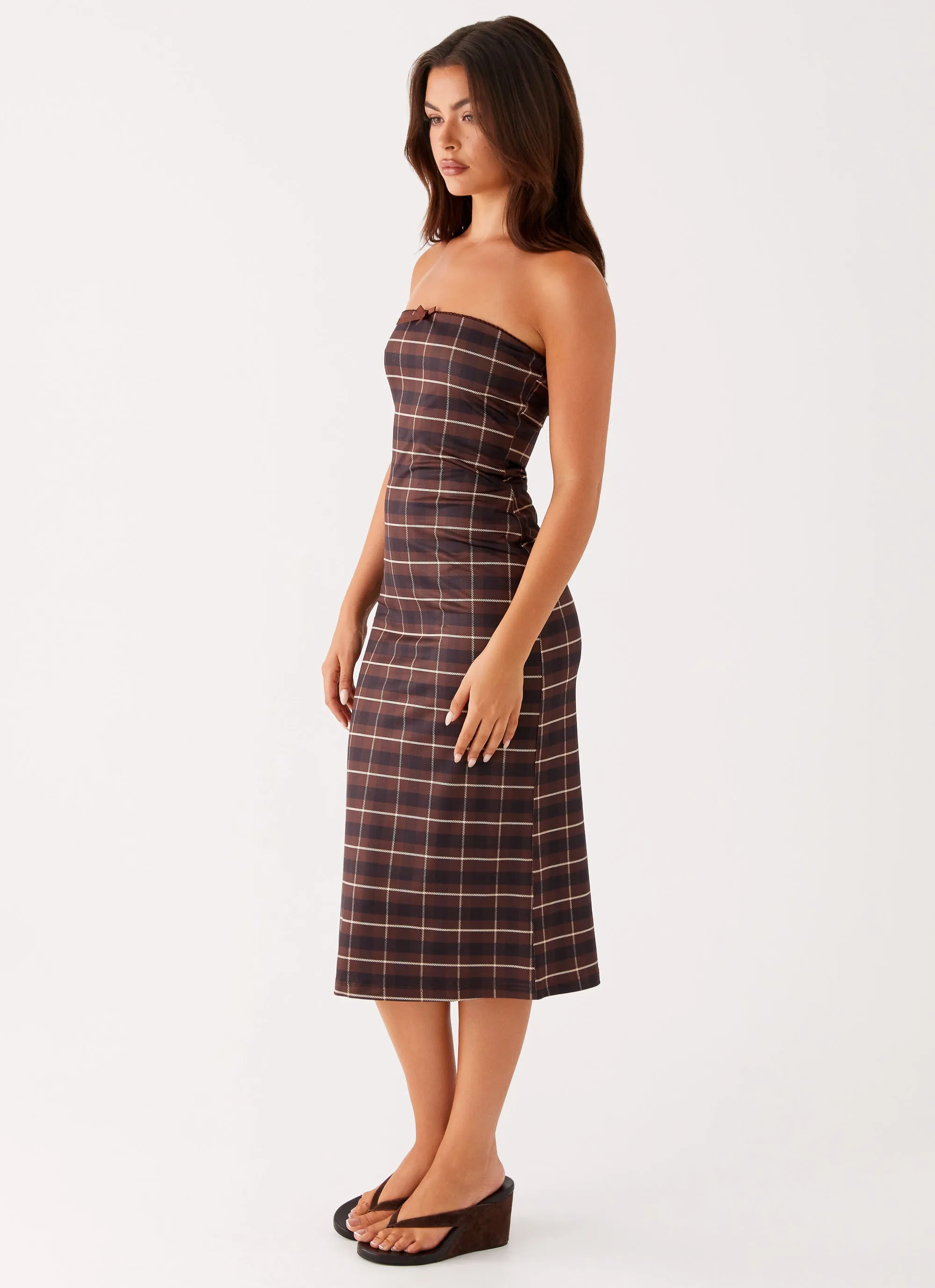 Polished and Elegant Niko Strapless Midi Dress - Brown Black Check