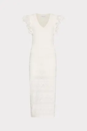 Polite Color Flowing Texture Lace Flutter Sleeve Knit Midi Dress