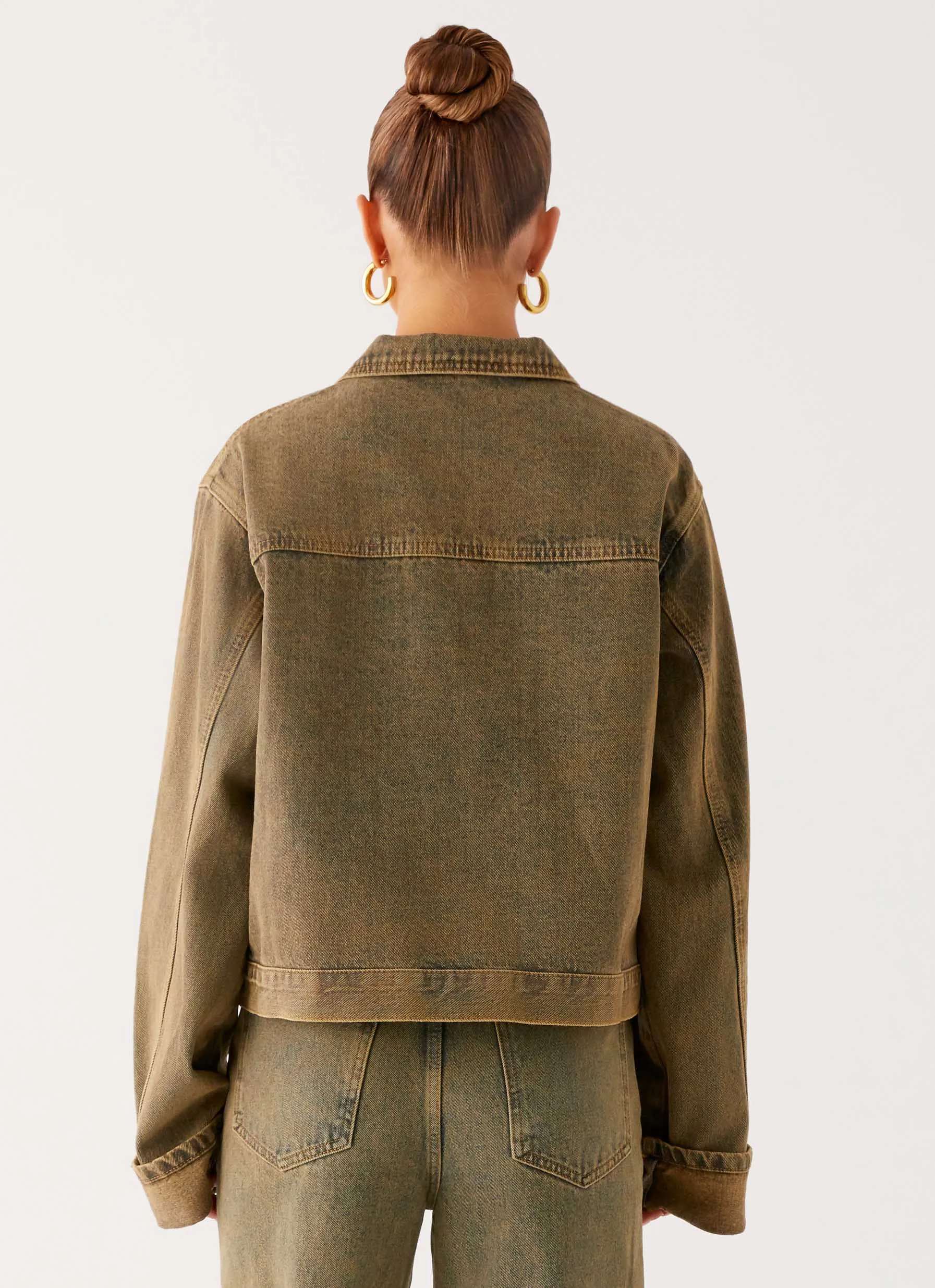 Back Again Oversized Denim Jacket - Brown Sand Wash Grow Slimming