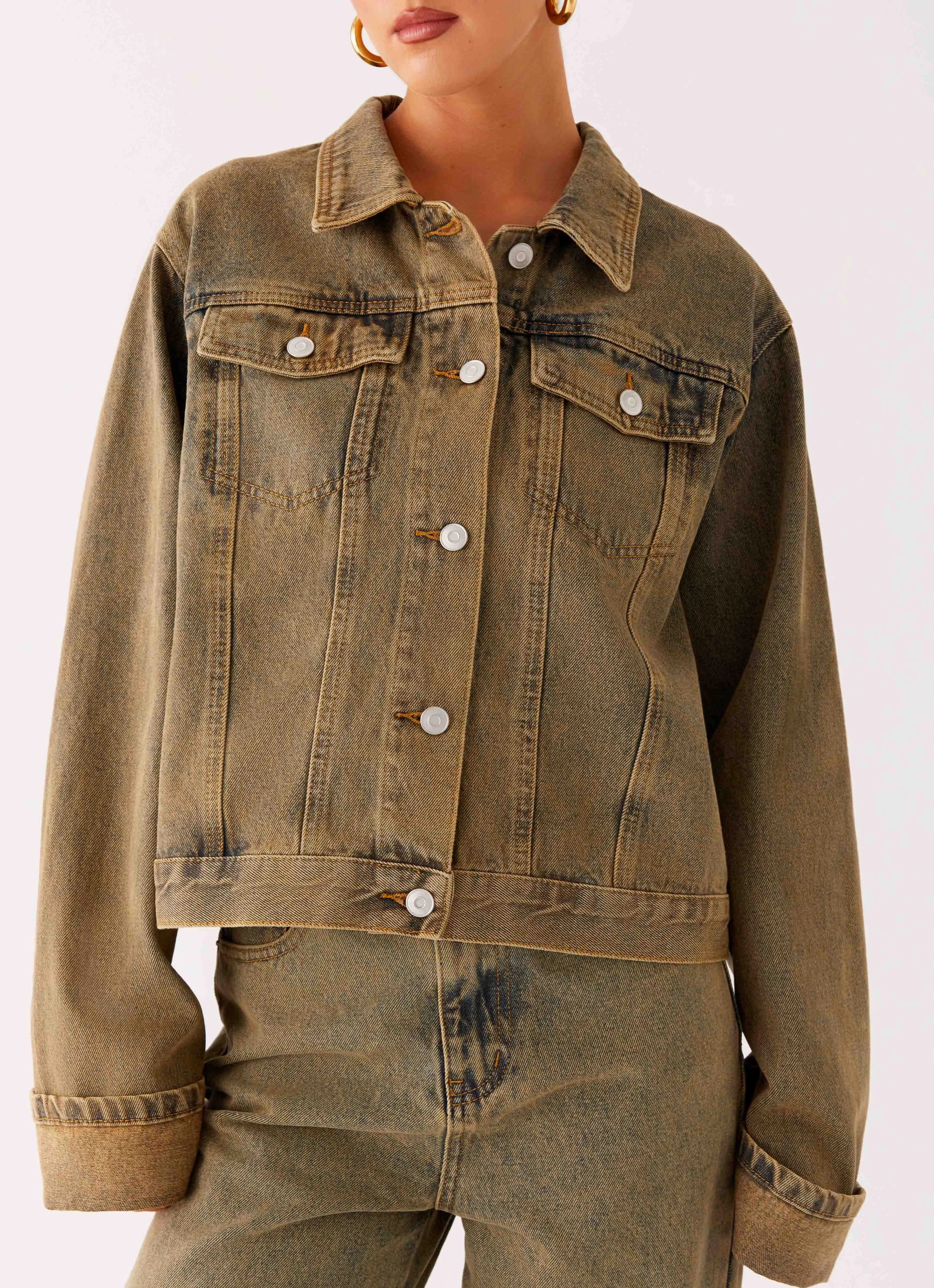 no pocket Back Again Oversized Denim Jacket - Brown Sand Wash