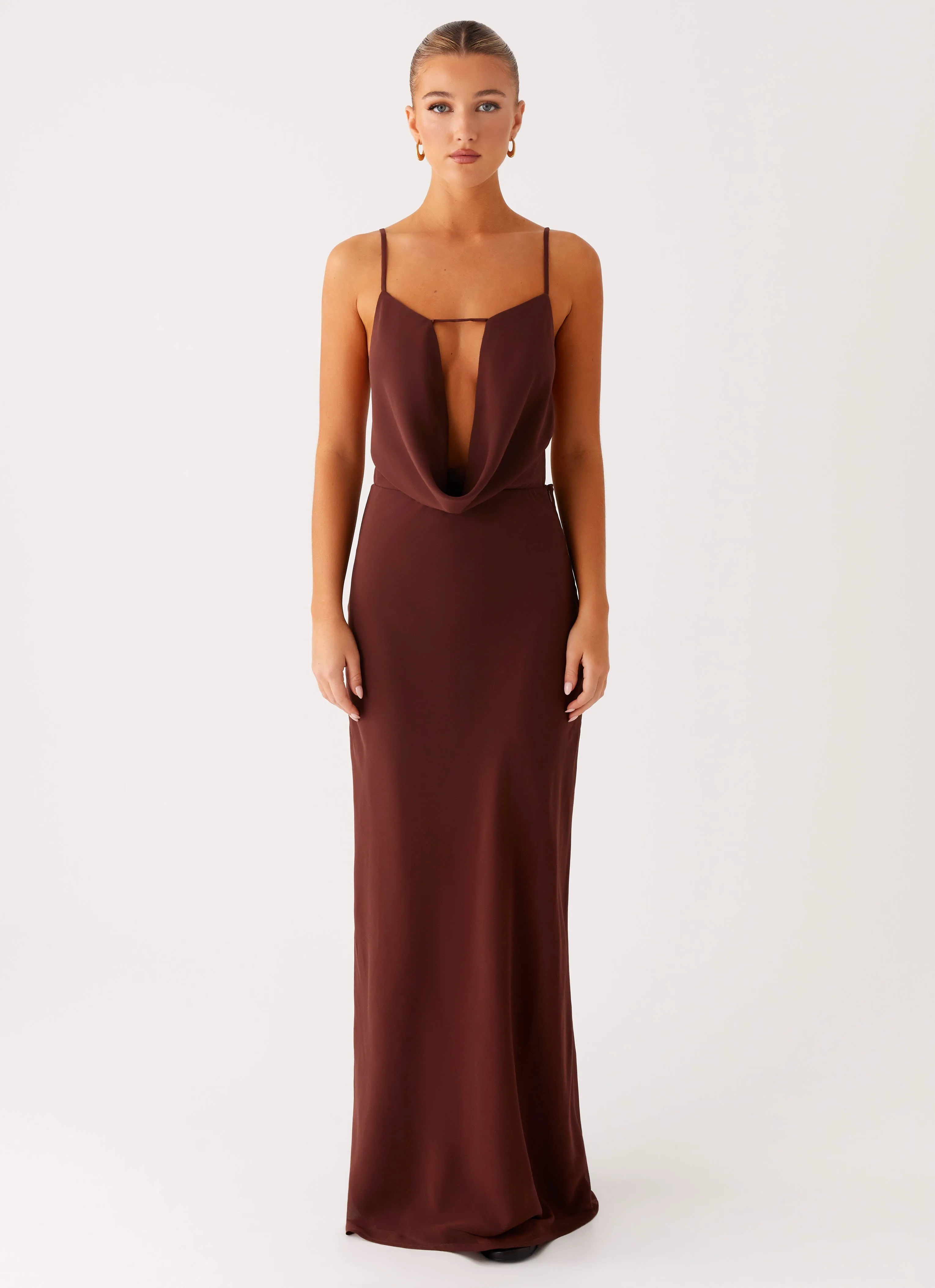 Elation Cowl Neck Maxi Dress - Chocolate Fitted Neat