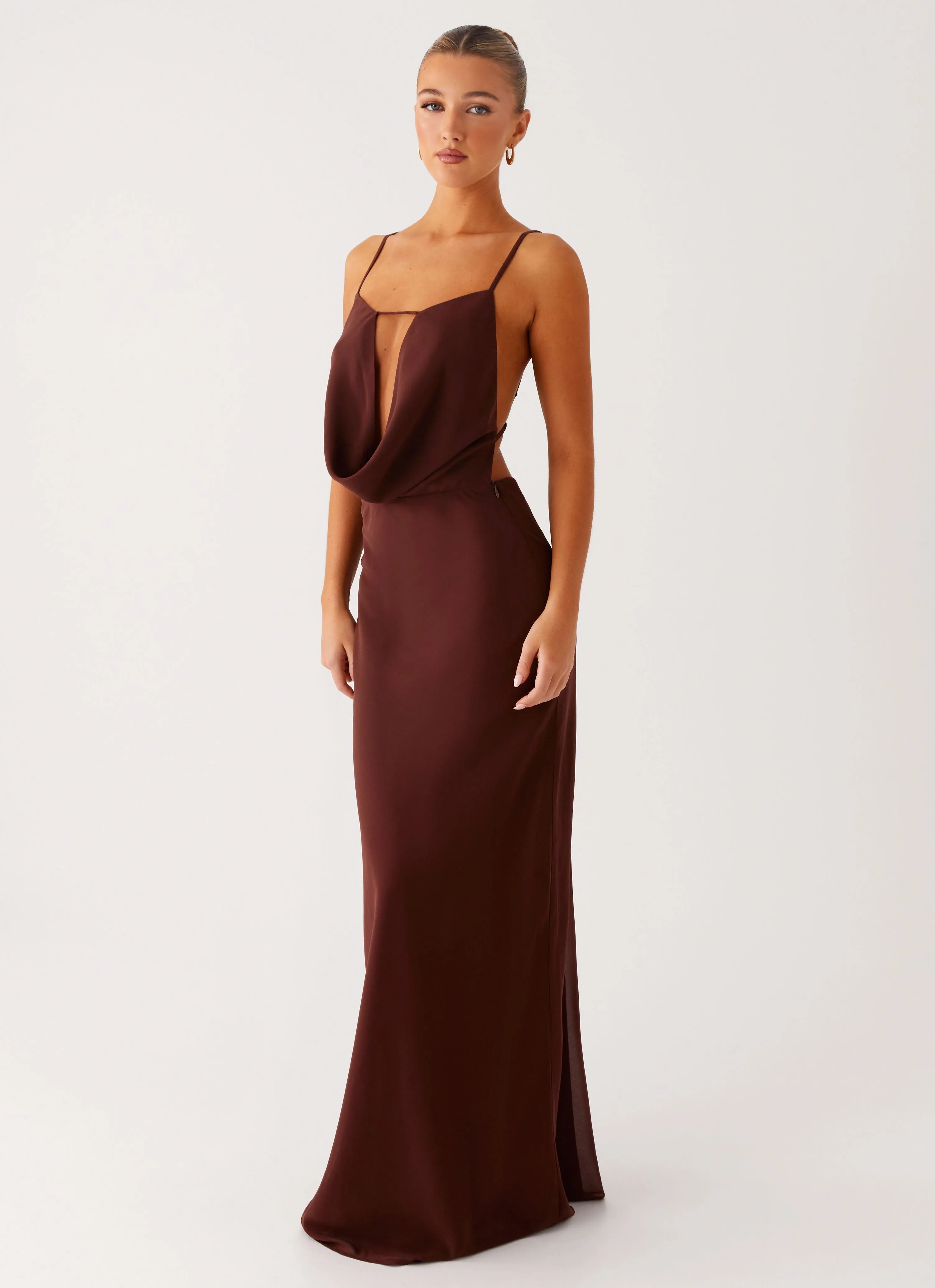 Decorative-Design Elation Cowl Neck Maxi Dress - Chocolate