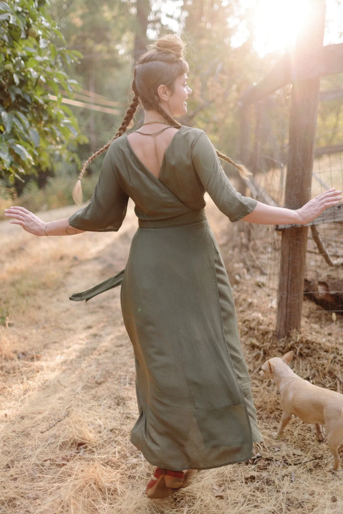 Ruched-Detail Sleeveless Diana Dress in Olive Green Challis