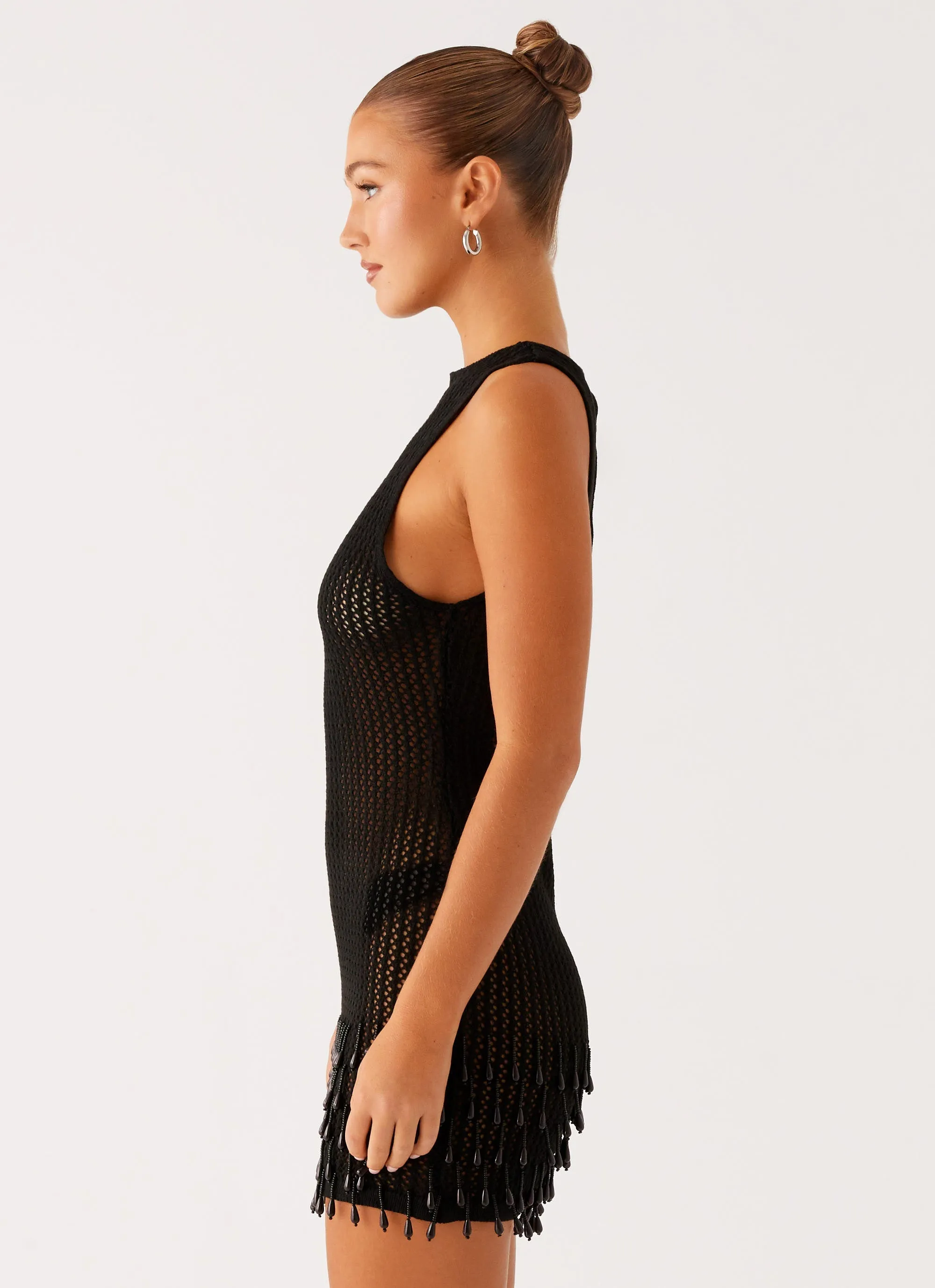 Miracle Beaded Crochet Mini Dress - Black Matching Belt