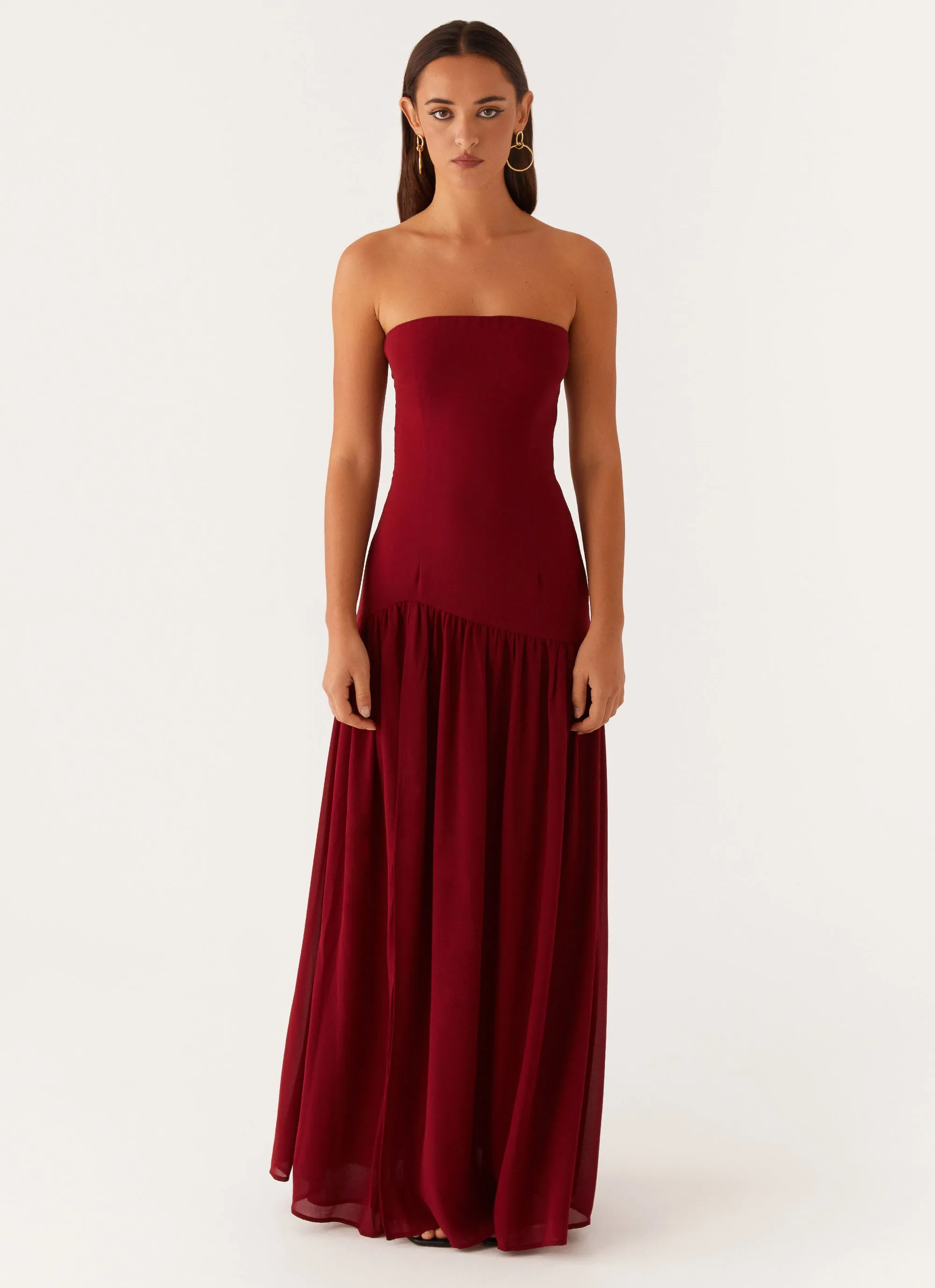 Neutral Aesthetic Boat-Neck Eden Strapless Maxi Dress - Maroon