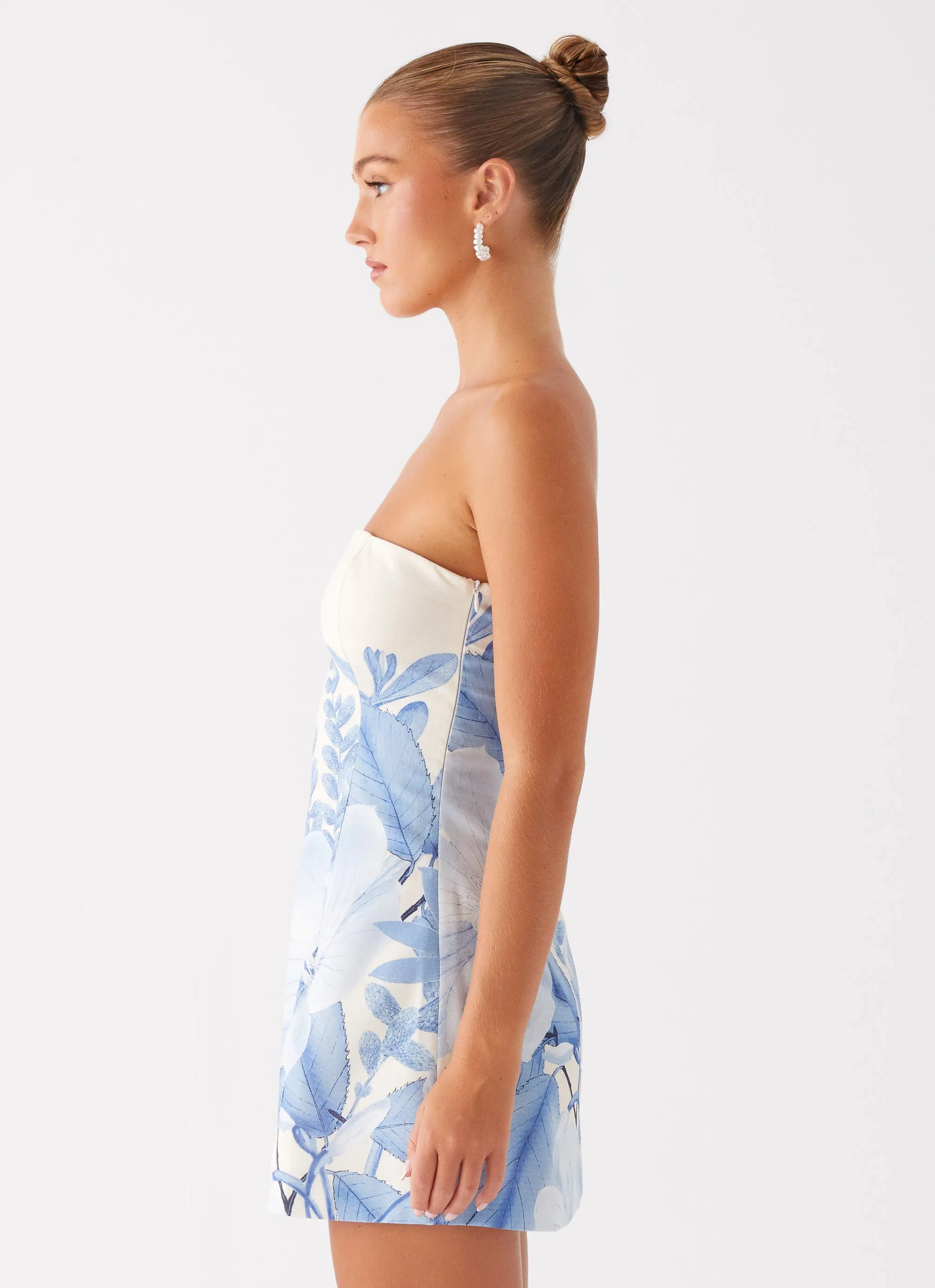 Denby Strapless Mini Dress - Blue Floral Print Casual Moments