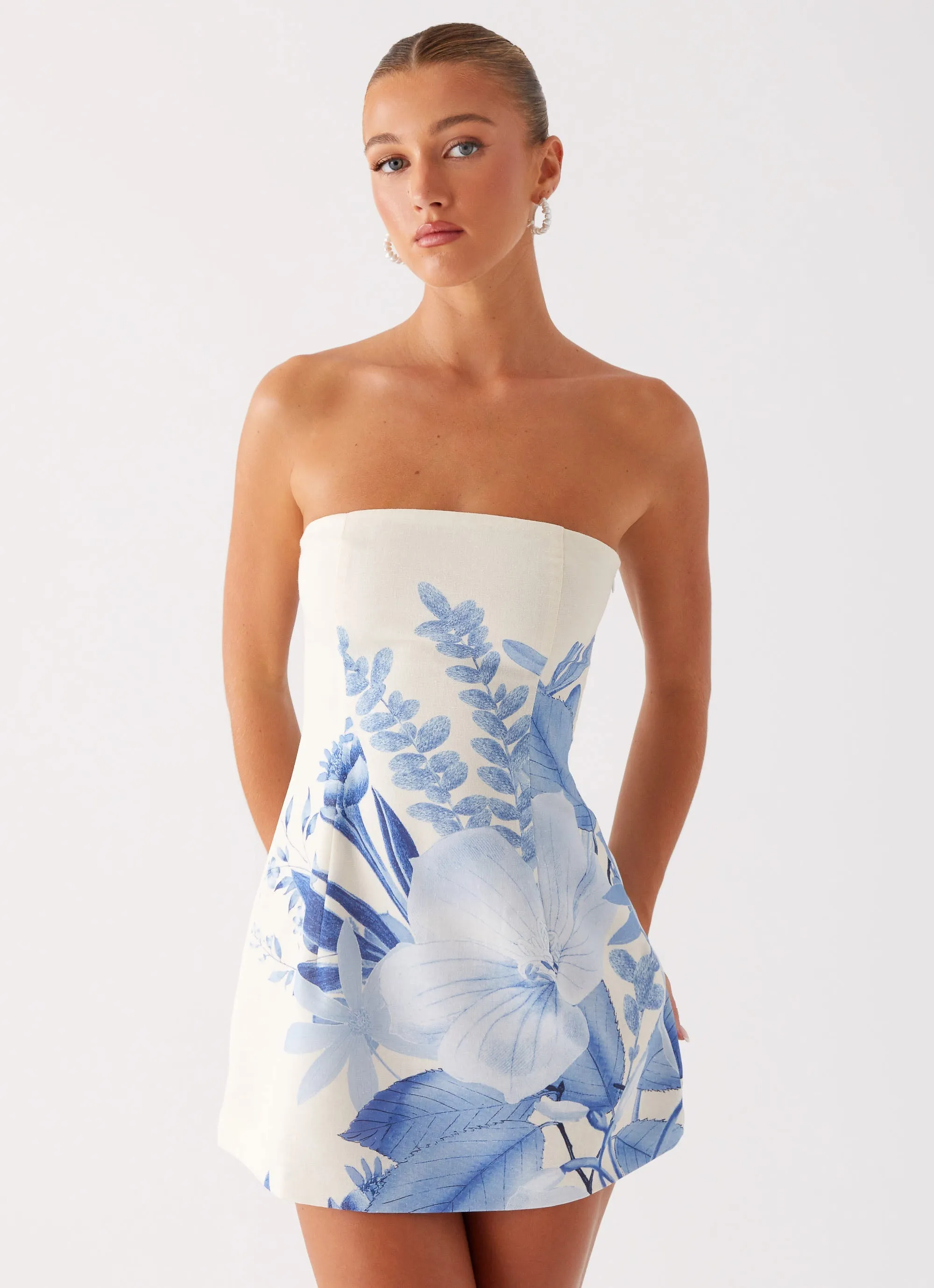 Denby Strapless Mini Dress - Blue Floral Print Transitional Wear