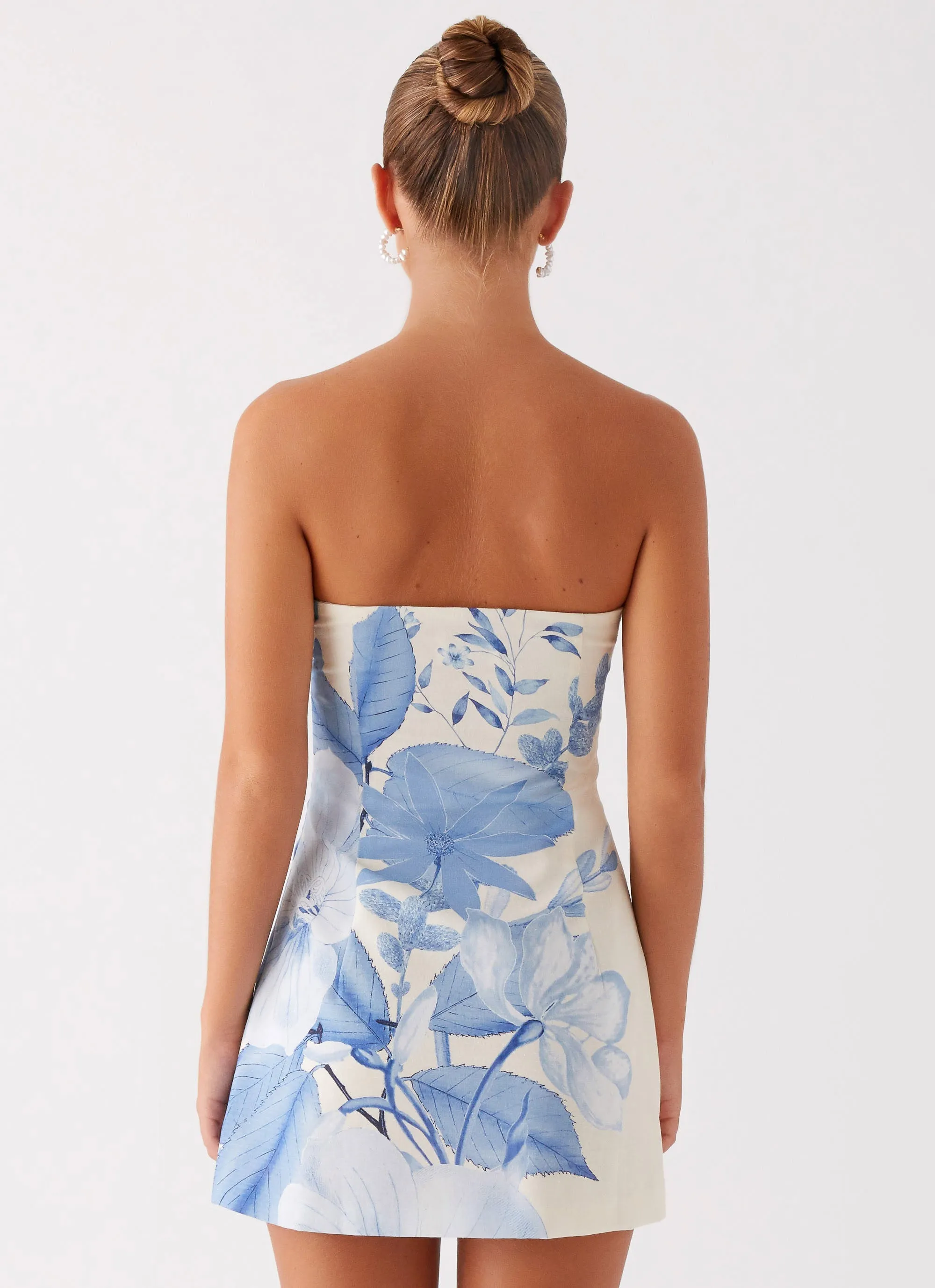 Denby Strapless Mini Dress - Blue Floral Print Flattering Shape Look