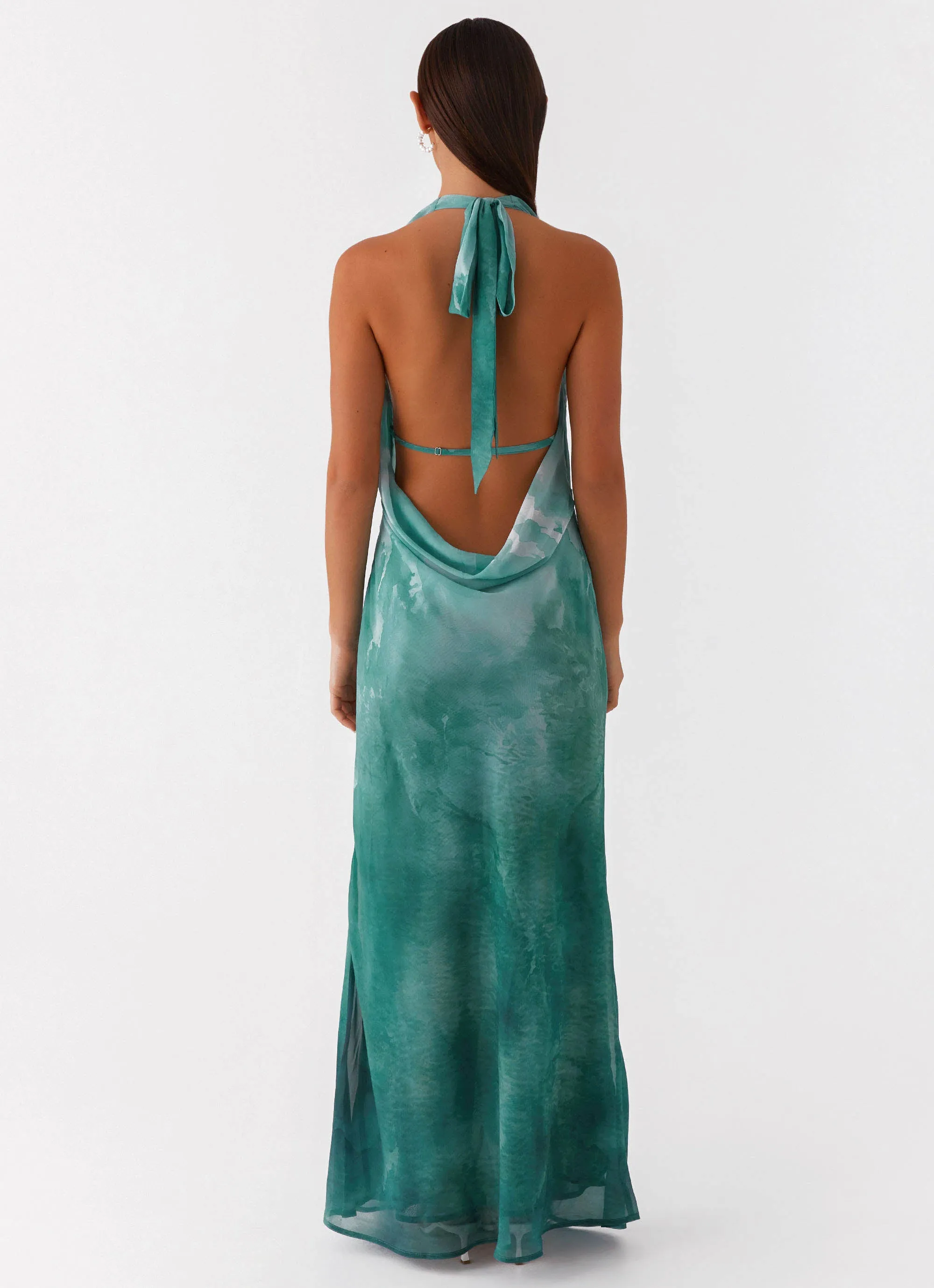 Nerissa Cowl Neck Maxi Dress - Green Tie Dye Layered Look Tonal-Panel