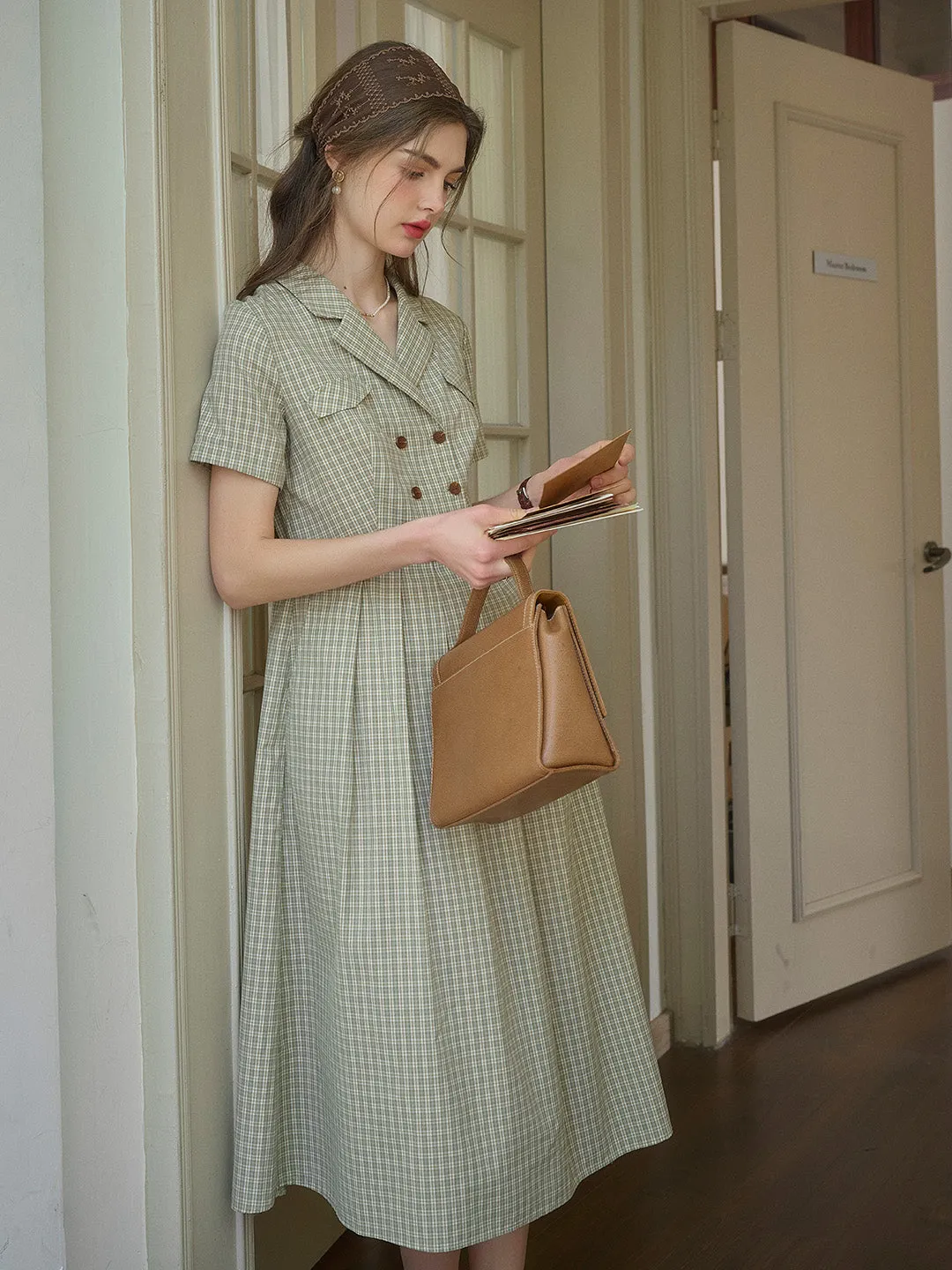 Flower Soft Elena V-Neck Lapel Plaid Dress