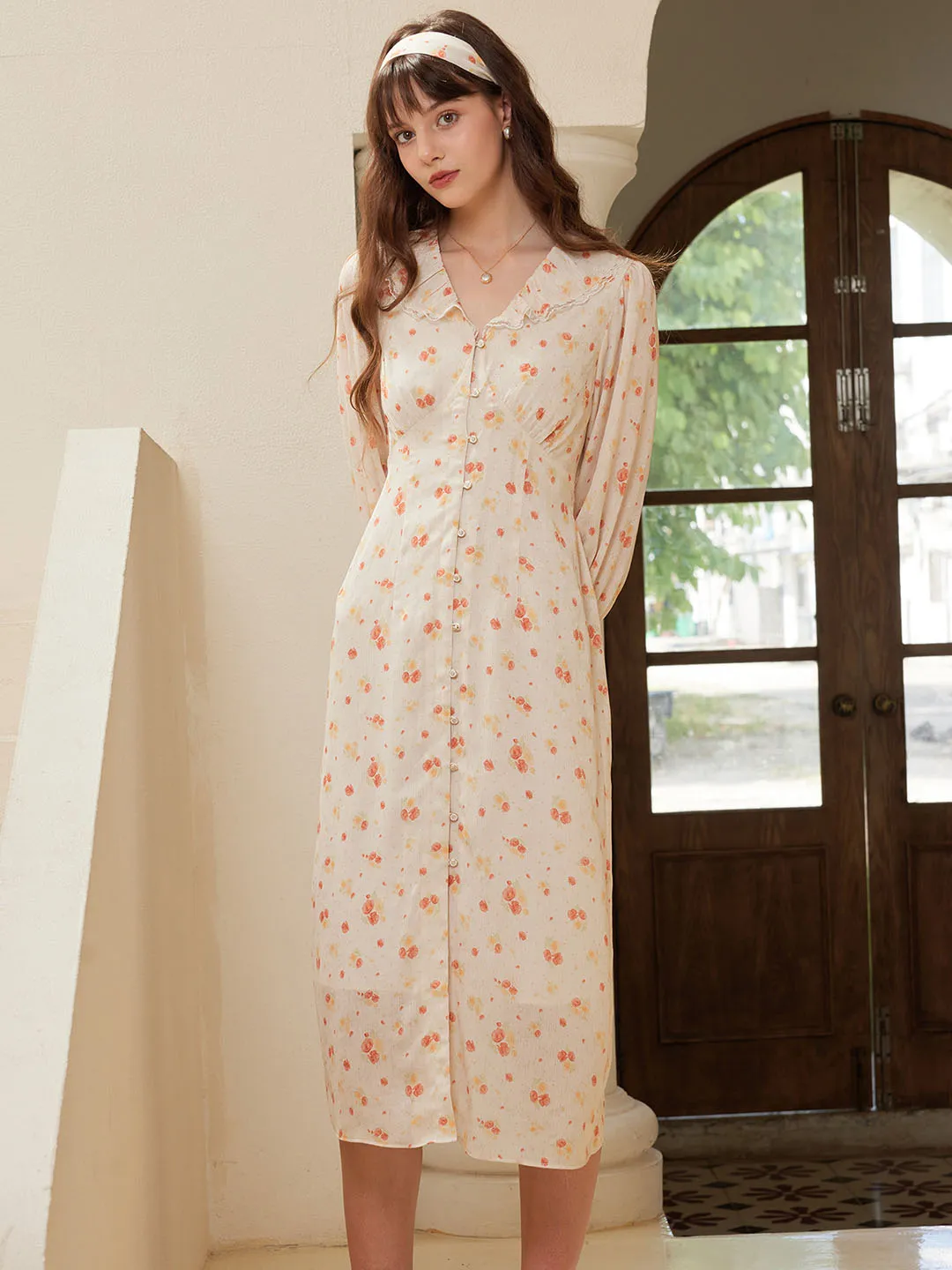 Elegant formal piece Summer Ready Elia Elegant V Neck Lace Panel Floral Print Dress