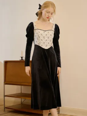 Sage Glow Light Elegance Eliza Square Neck Contrast Patchwork Puff Sleeve Dress