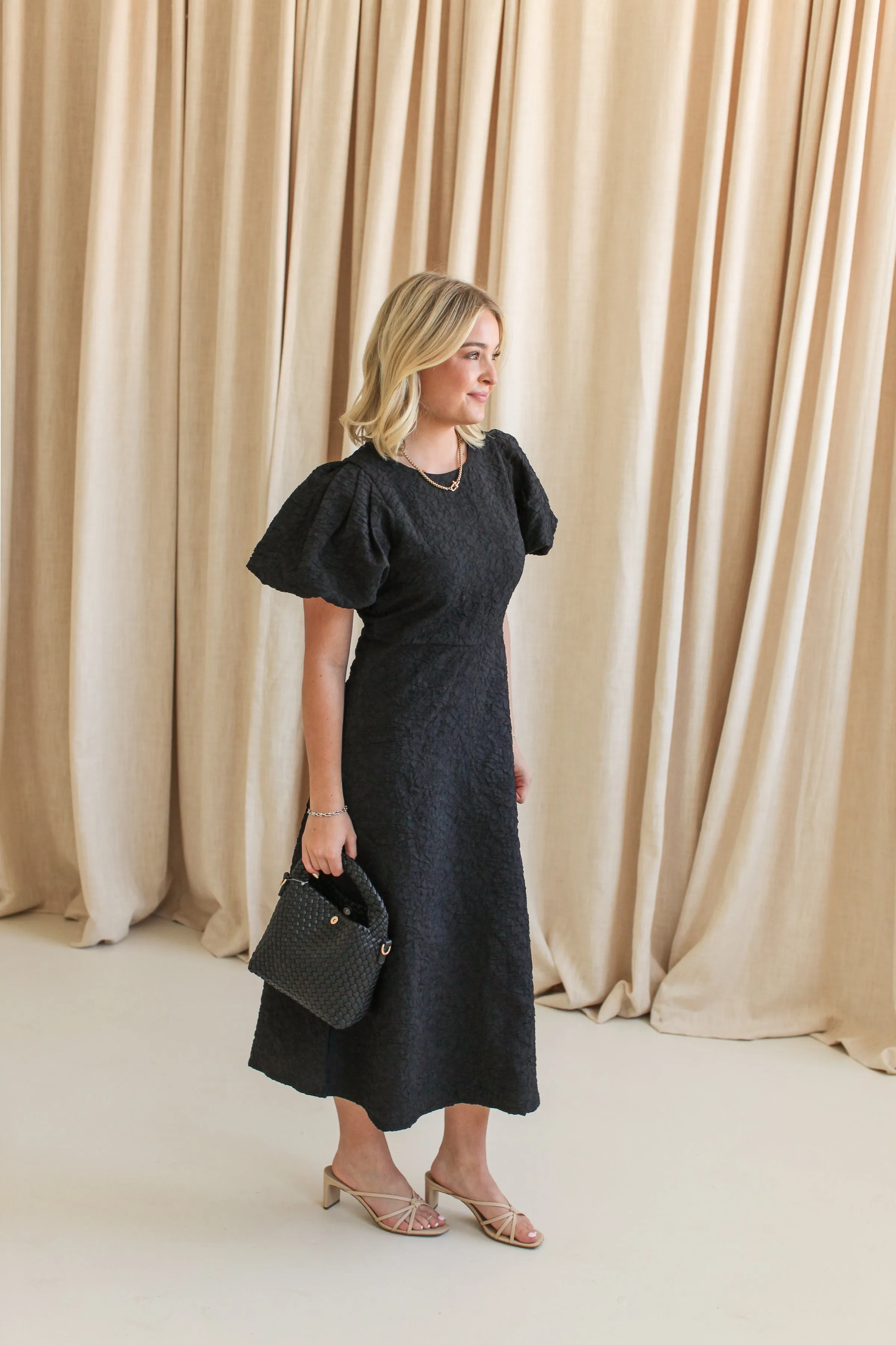 Office Wear Calm Touch Ella Jacquard Midi Dress- Black