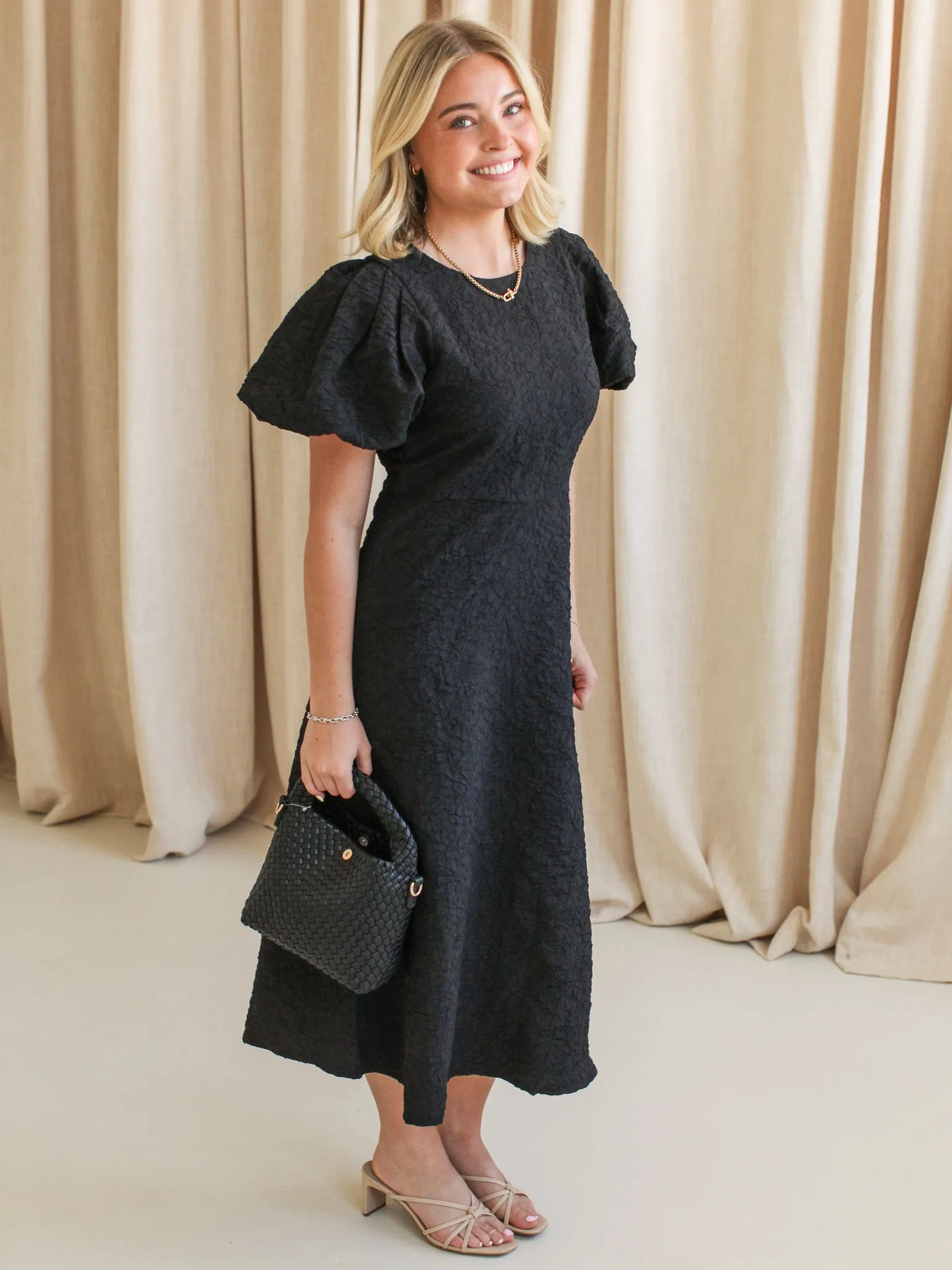 Refined Aesthetic Subtle Detail Ella Jacquard Midi Dress- Black