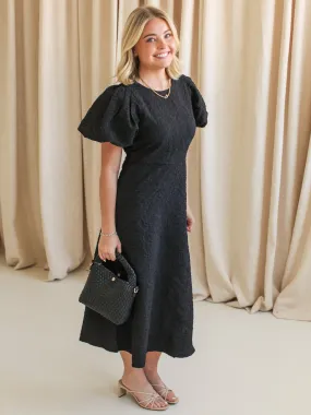 Refined Aesthetic Subtle Detail Ella Jacquard Midi Dress- Black