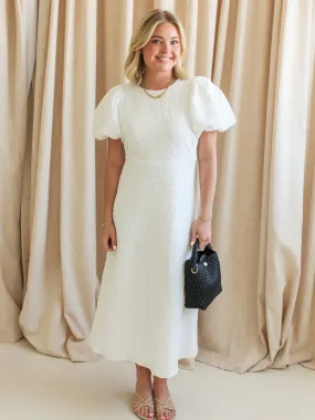 Ella Jacquard Midi Dress- White Stream Cut Skirt Flare